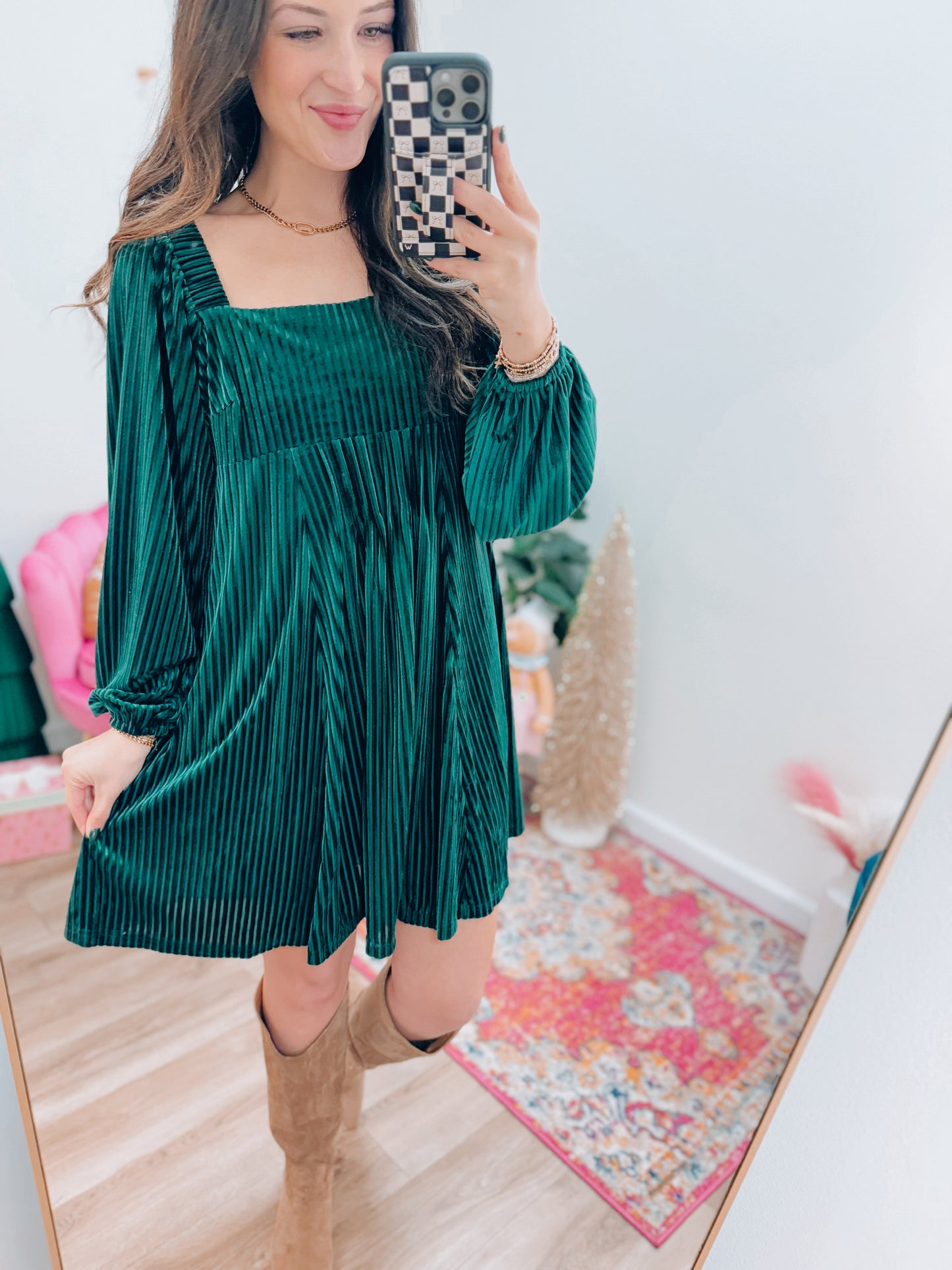 Velvet Ribbed Mini Dress - Green