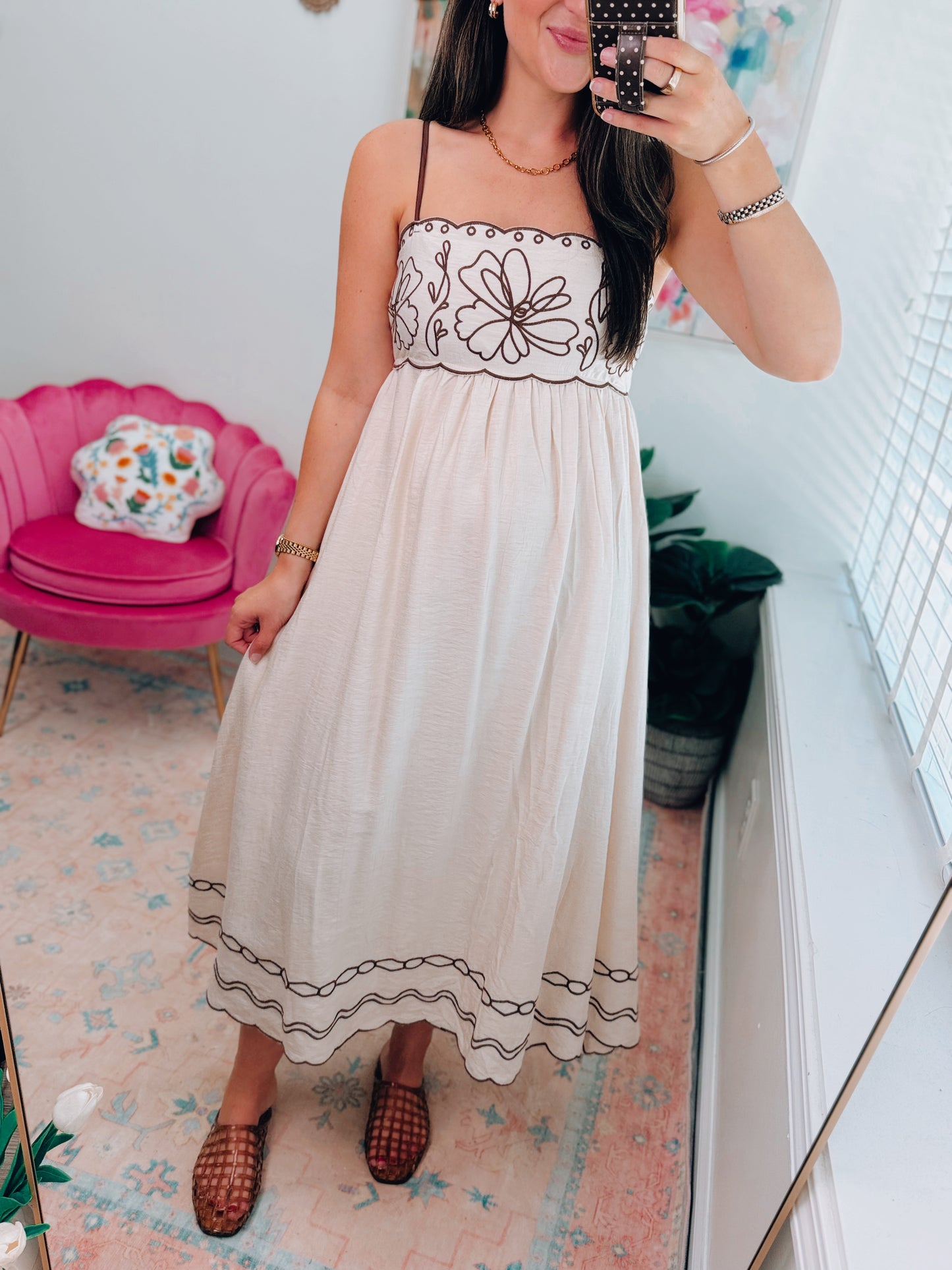Floral Embroidered Scallop Midi Dress