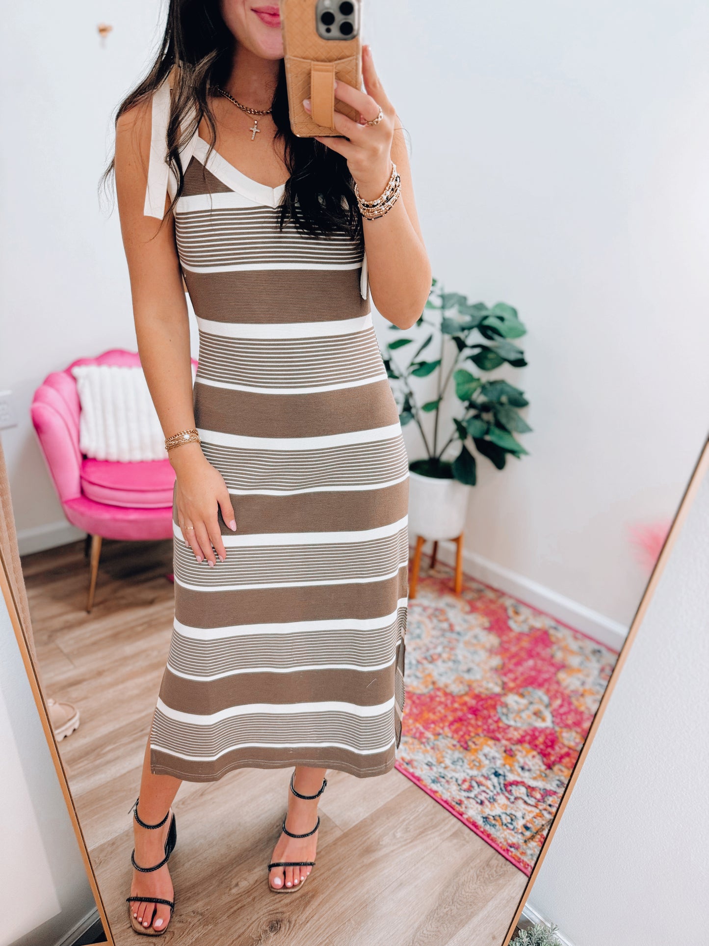 Susie Striped Bow Tie Midi Dress - Mocha