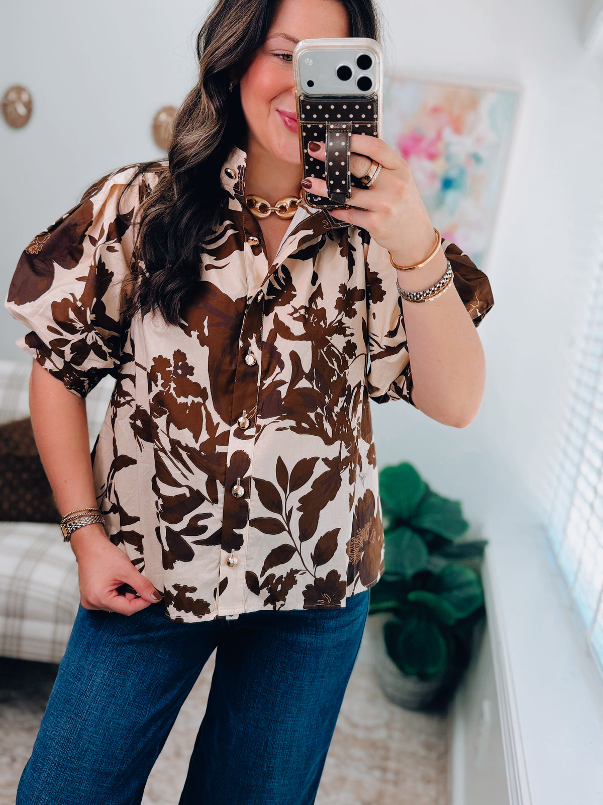 Autumn Brown Mix Gold Button Top