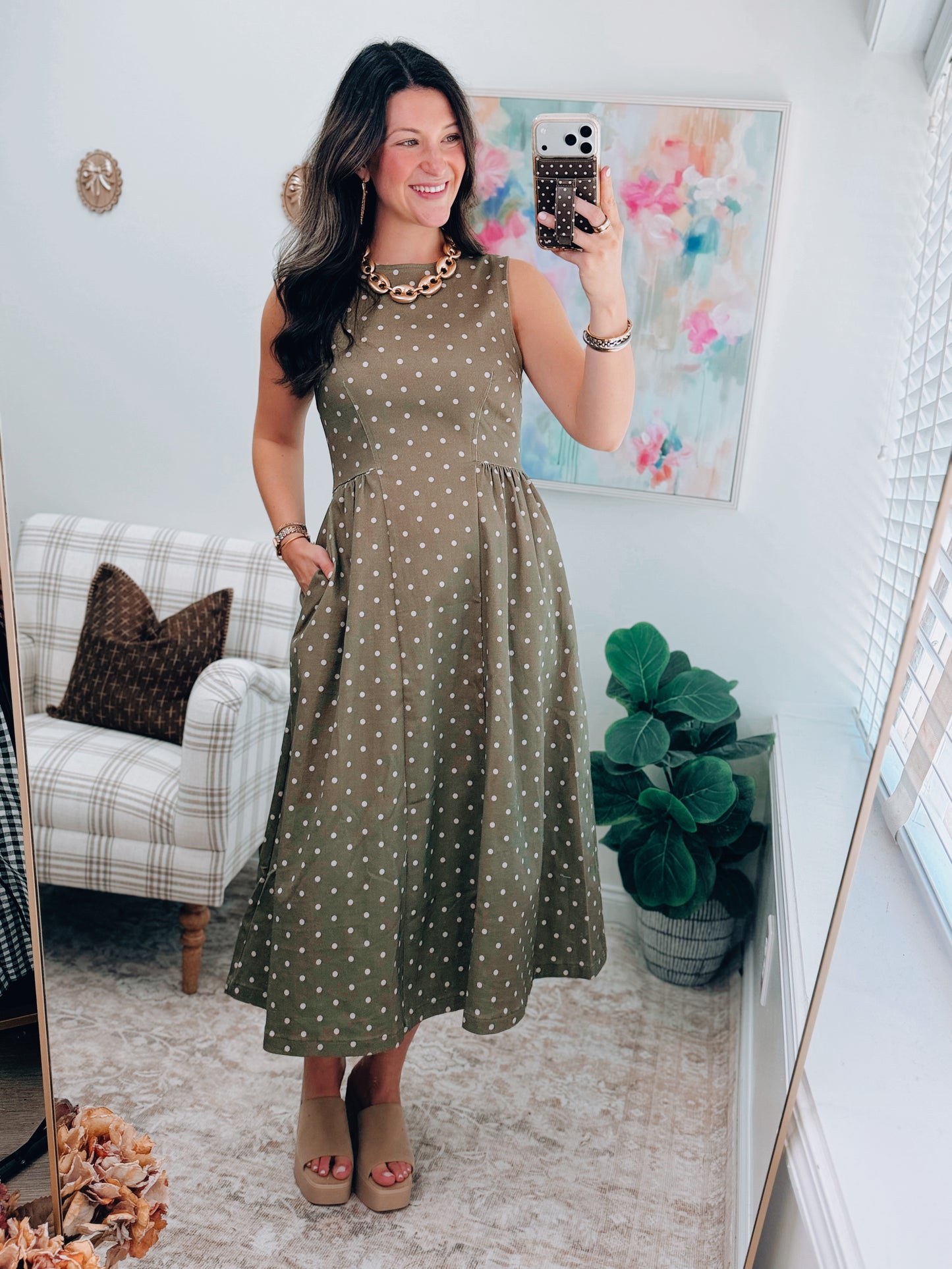 Marlow Olive Polka Dot Denim Midi Dress