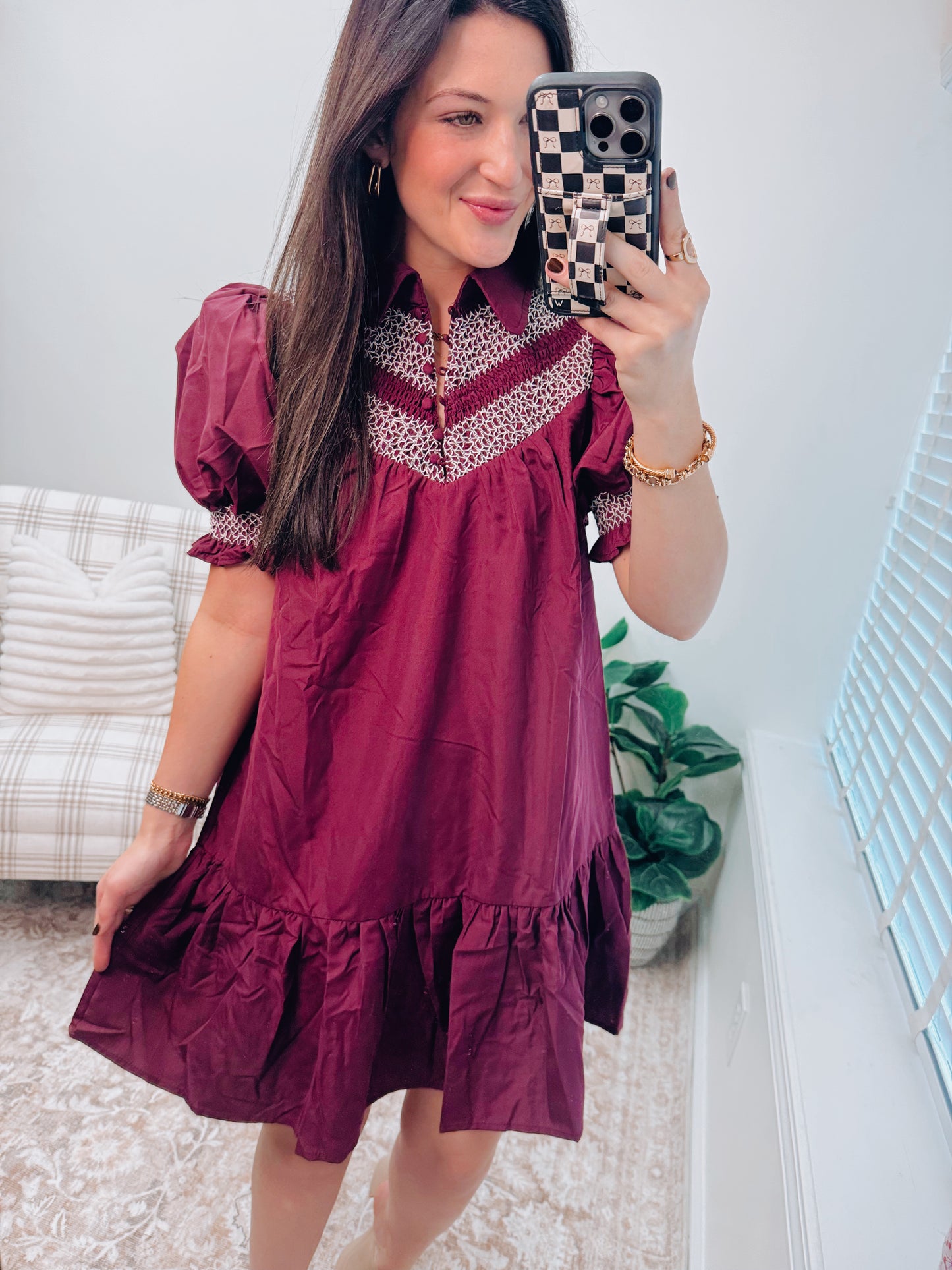 Plum Embroidered Smocked Mini Dress