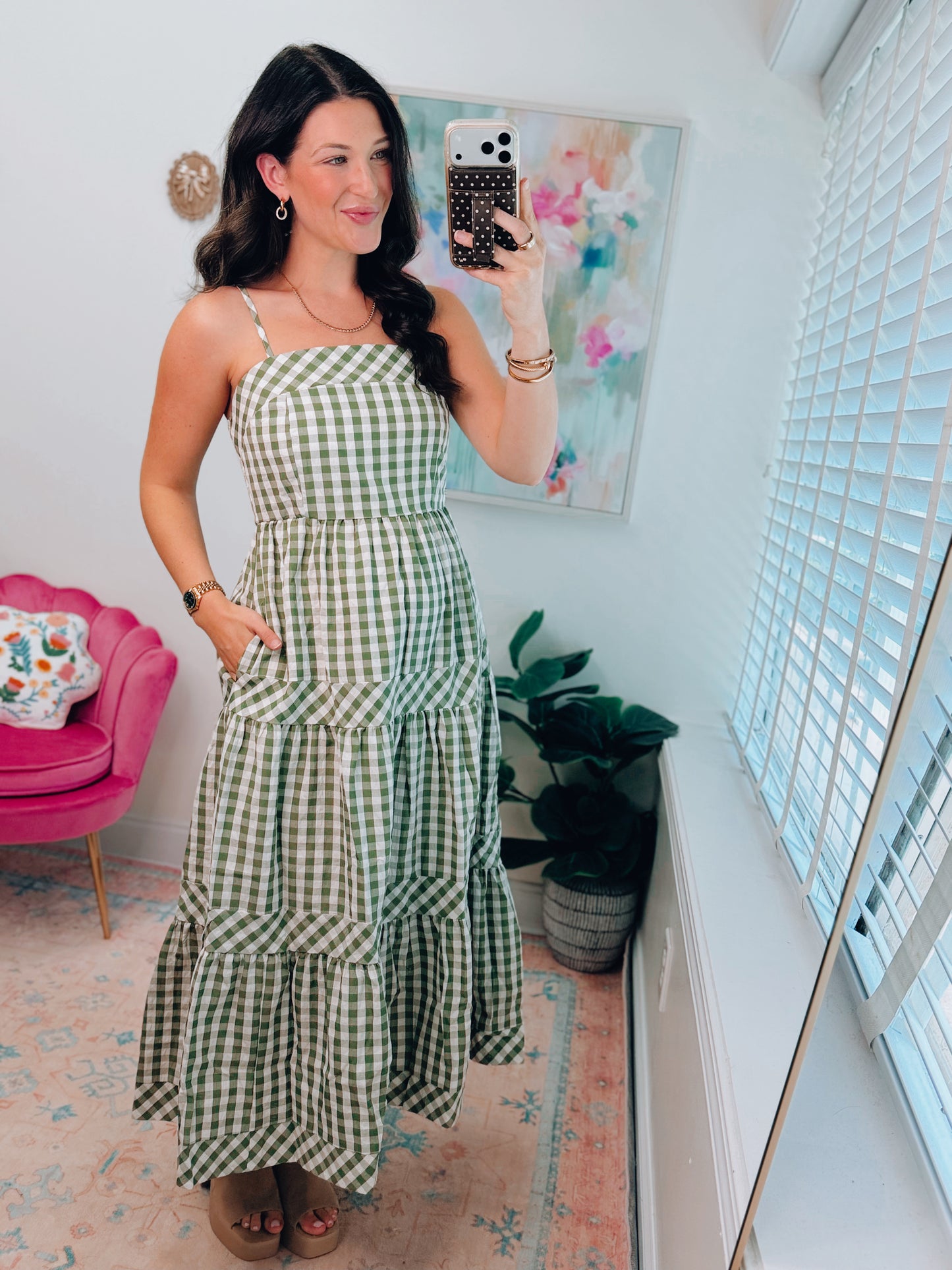 Olive Gingham Tiered Midi Dress