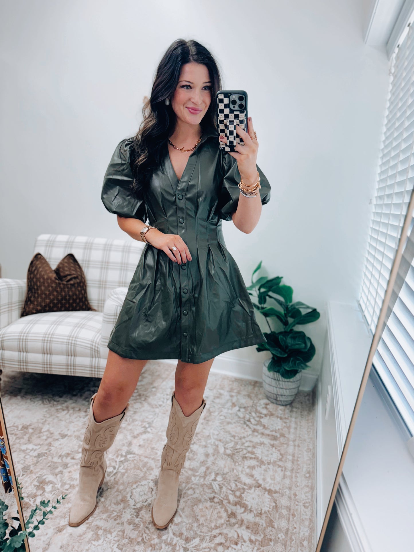 Pleated Faux Leather Olive Mini Dress