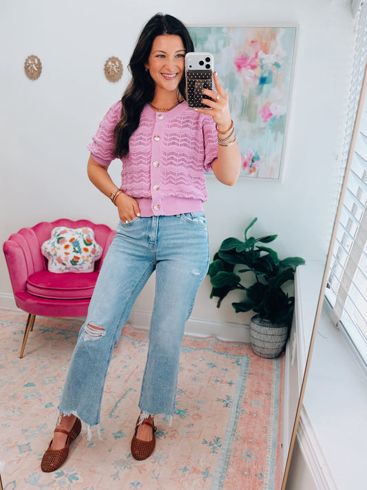 Lilac Pink Crochet Button Top