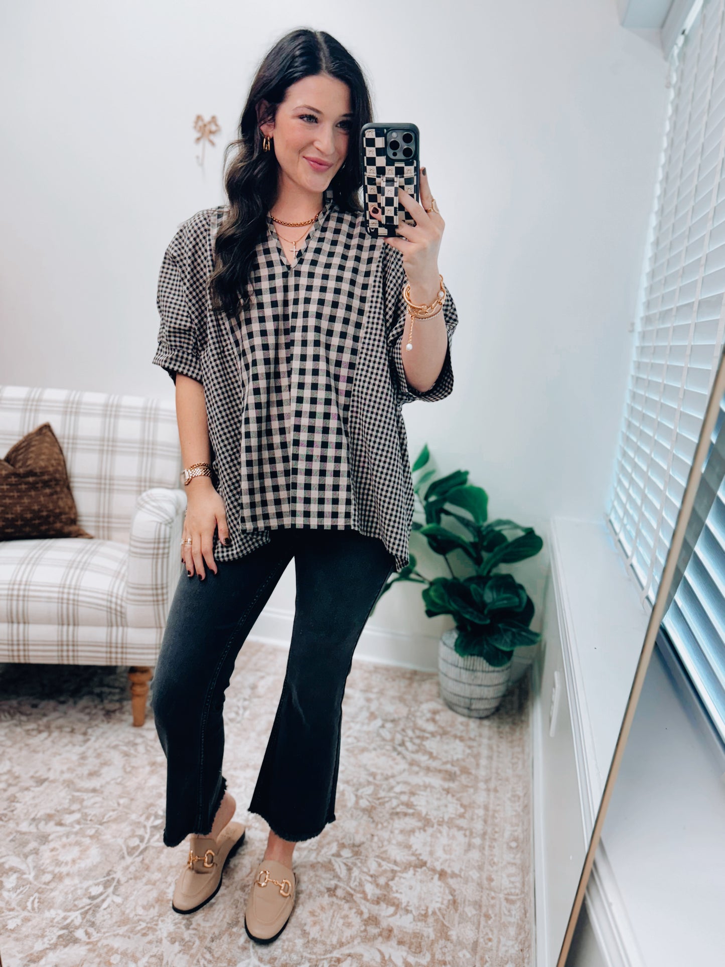 Gingham Mix Media Dolman Top