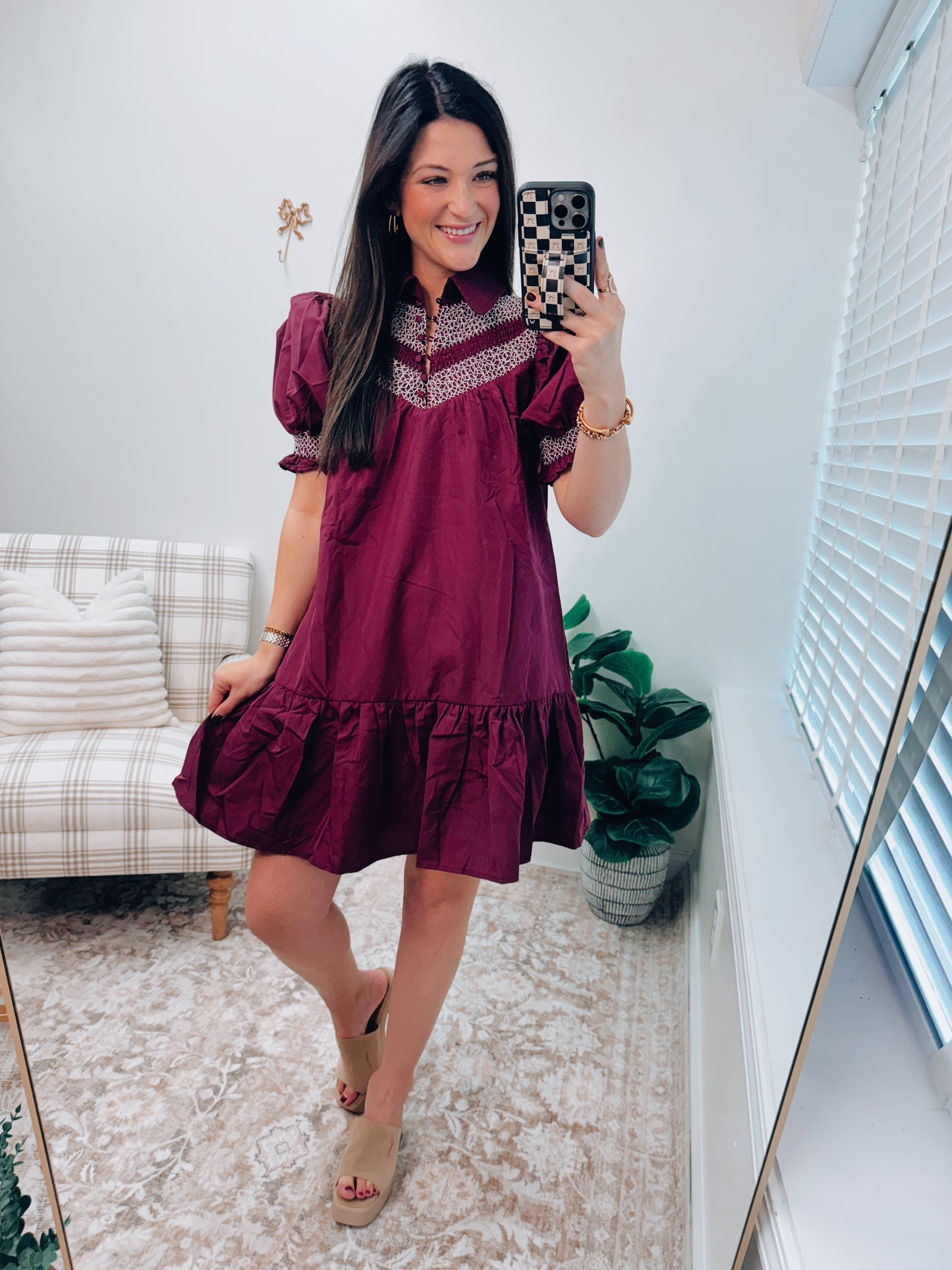 Plum Embroidered Smocked Mini Dress