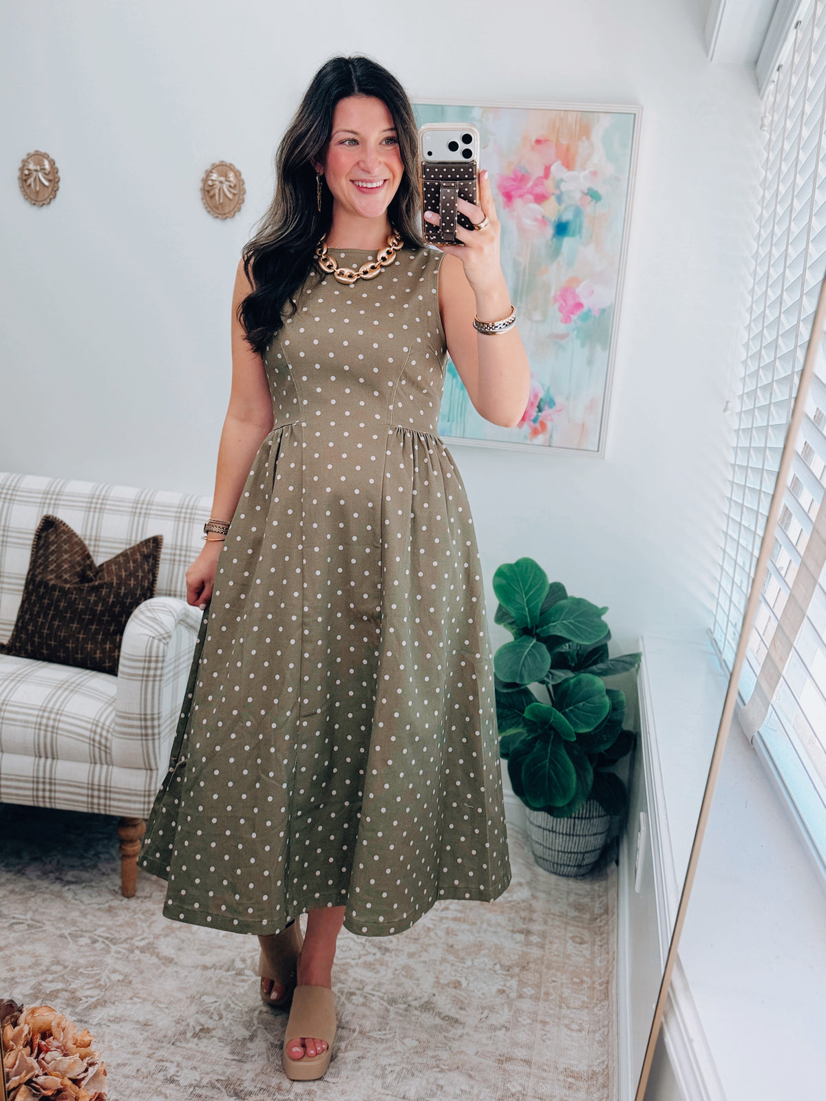 Marlow Olive Polka Dot Denim Midi Dress