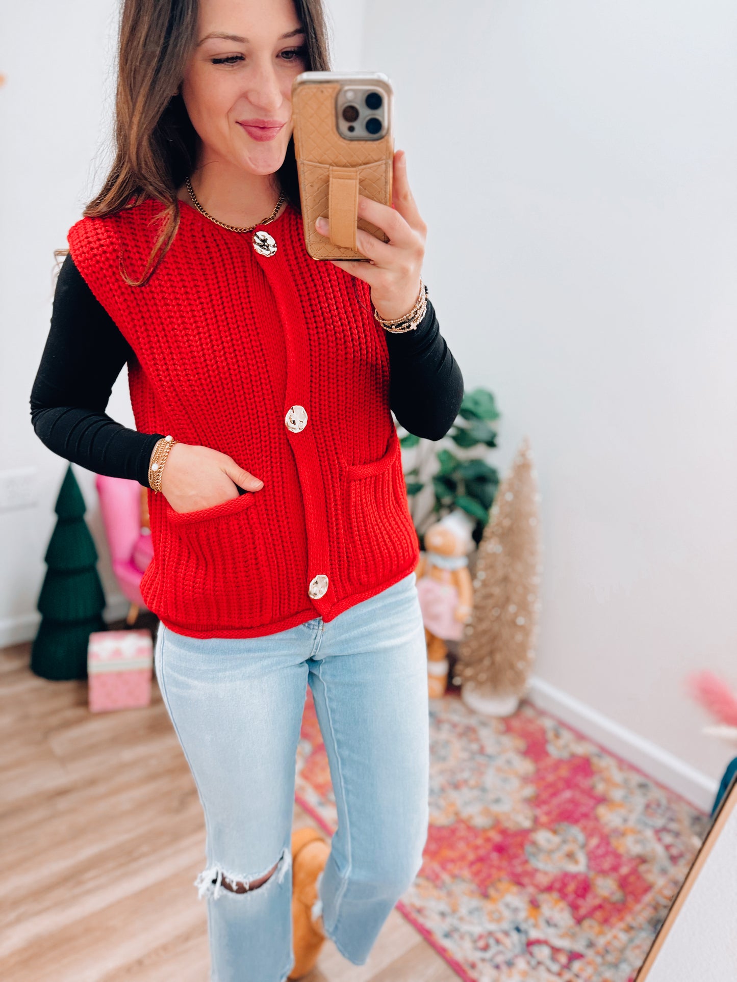 Renley Red Chunky Knit Gold Sweater Vest