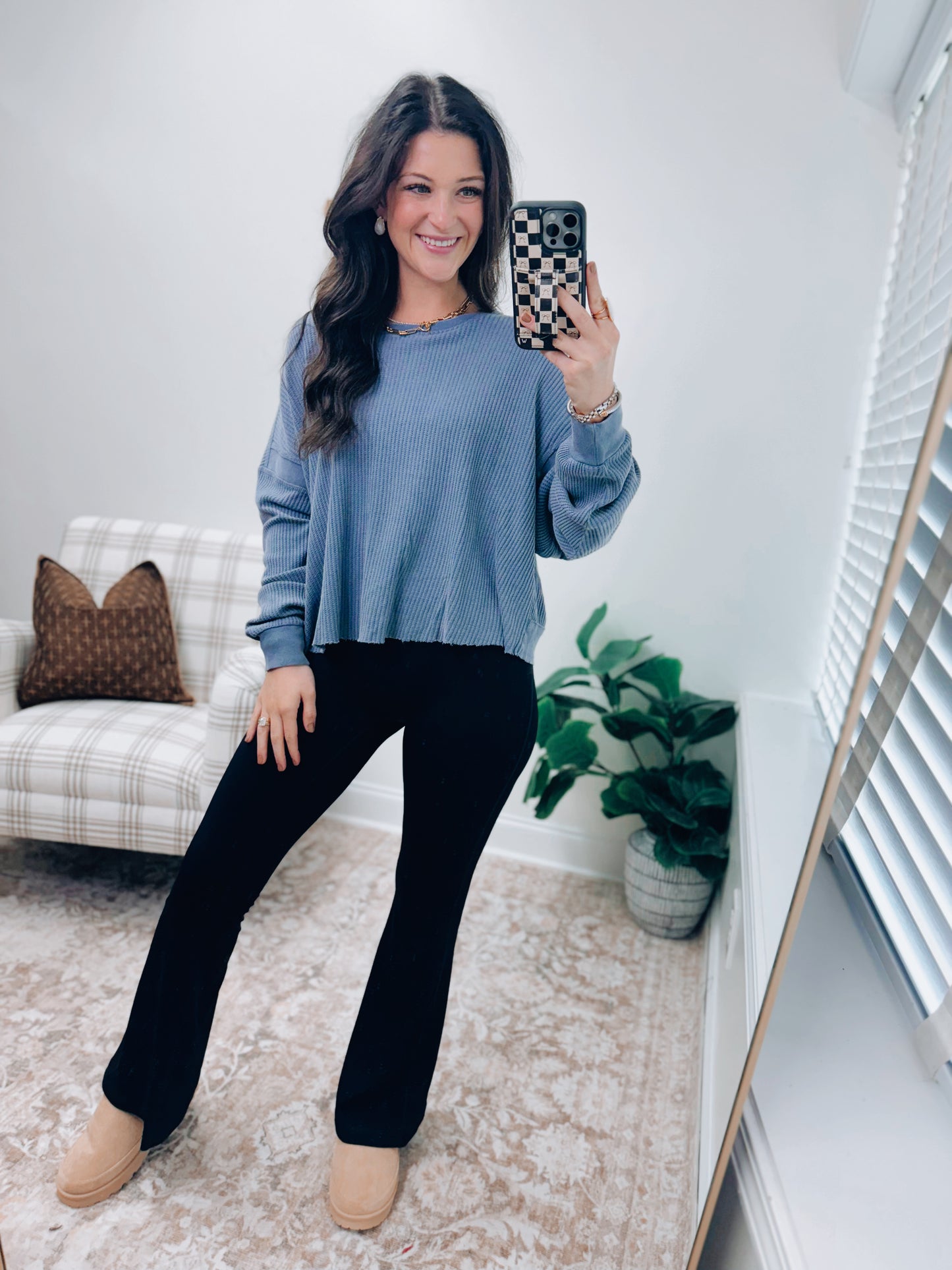 Chic Open Back Textured Knit Long Sleeve Top