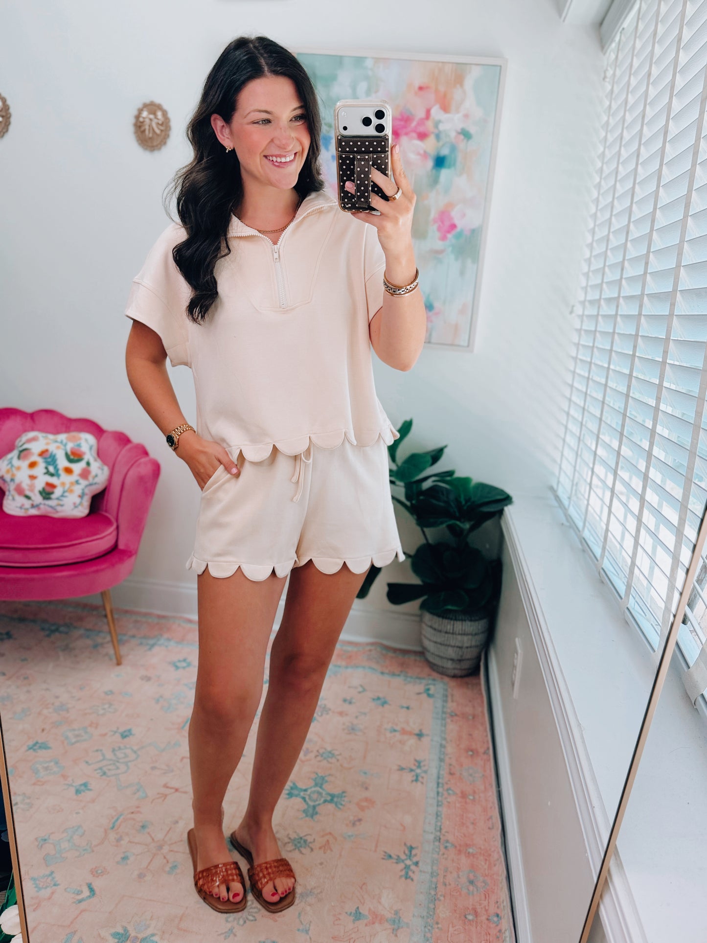 Beige Scalloped Scuba Shorts Set