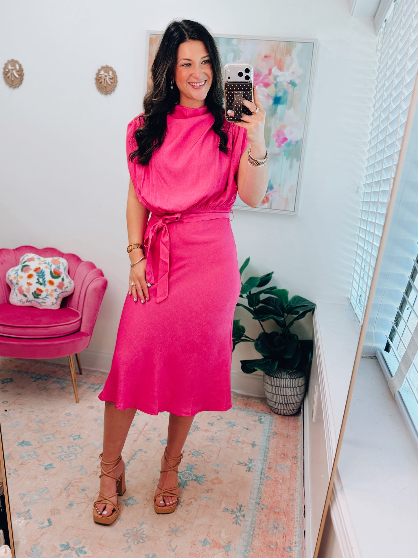 Magenta Satin Cowl Neck Midi Dress
