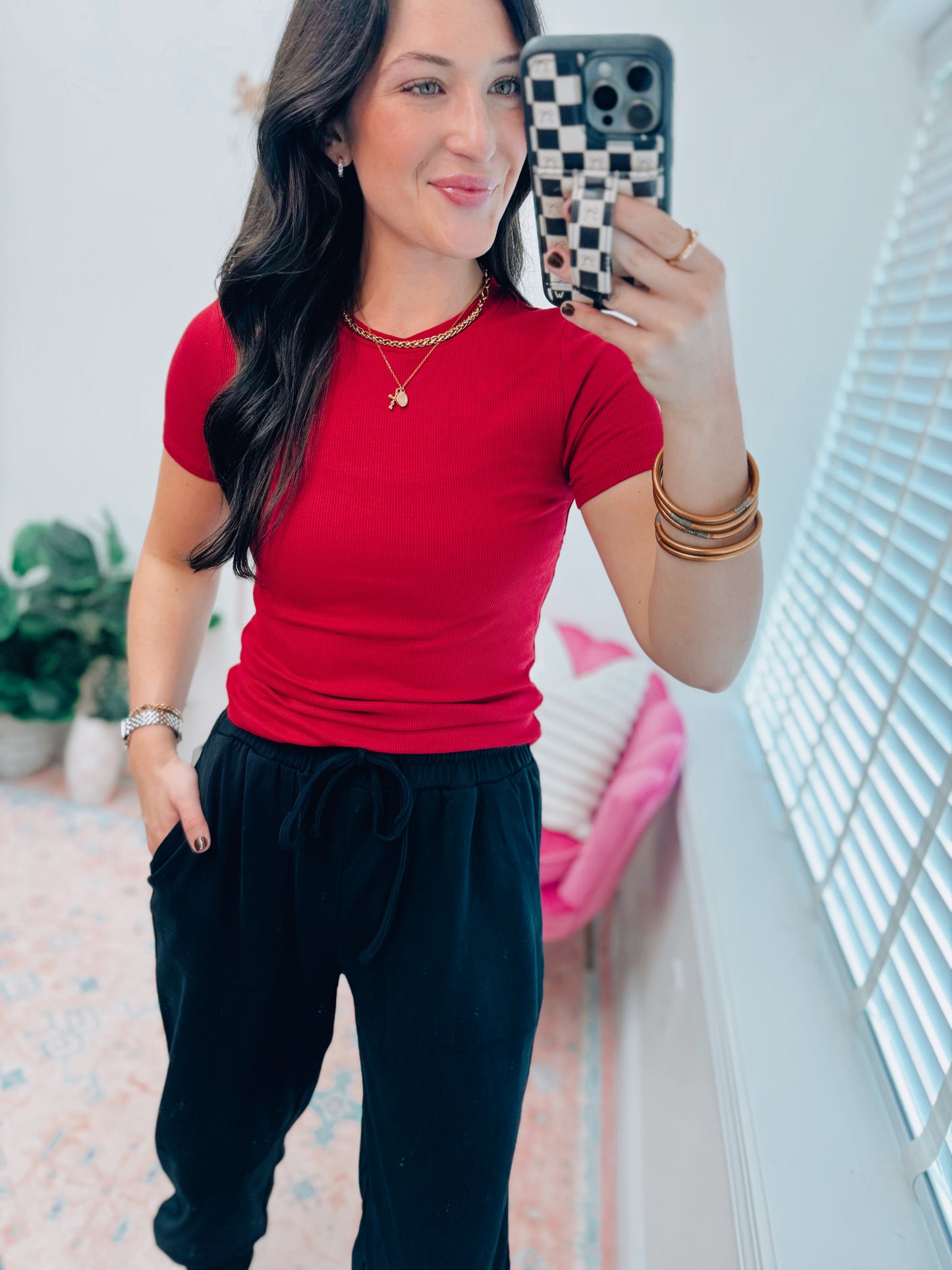 Essential Short-Sleeved Micro-Ribbed Top - Garnet