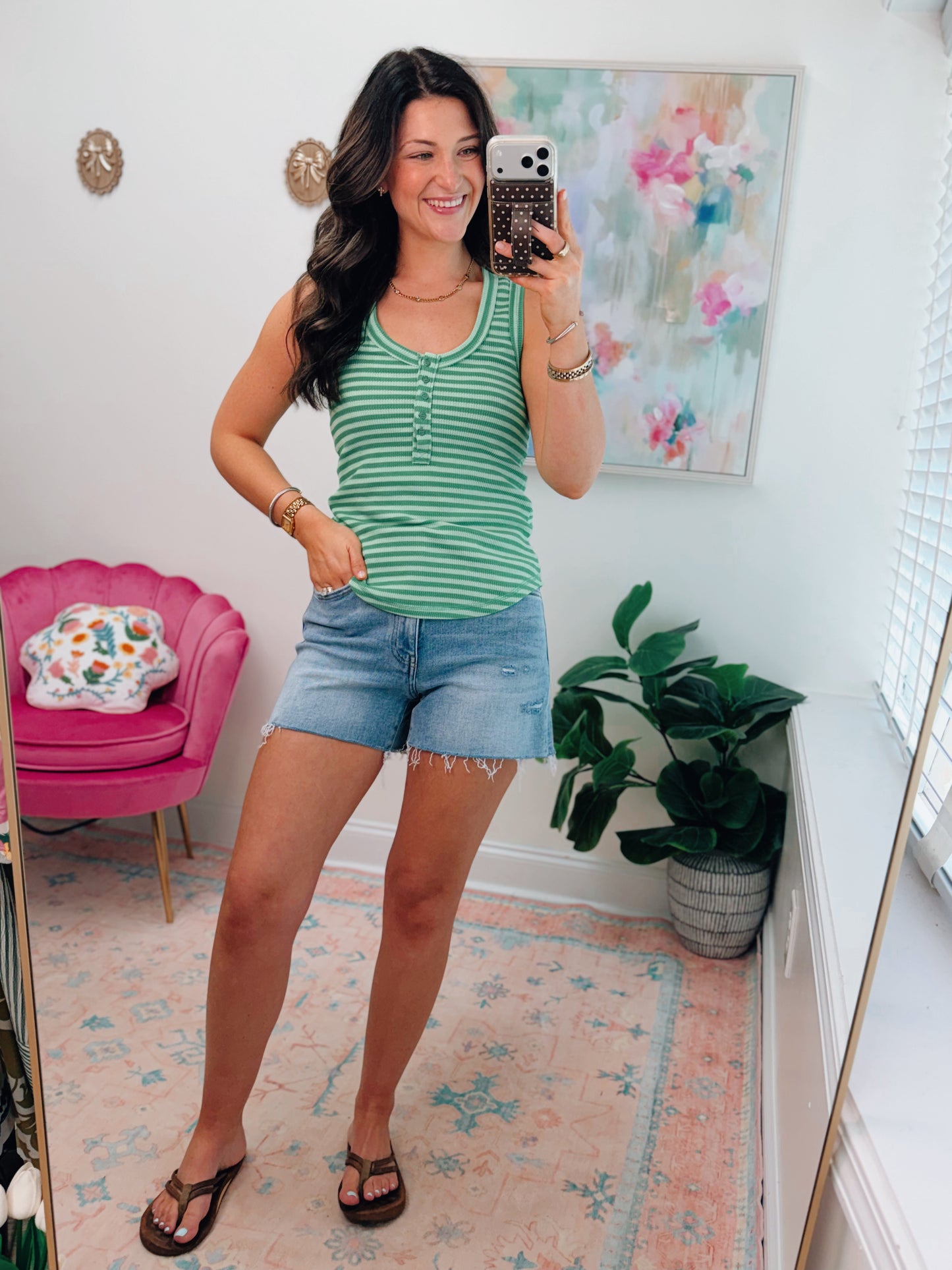 Apple Green Striped Button Knit Tank