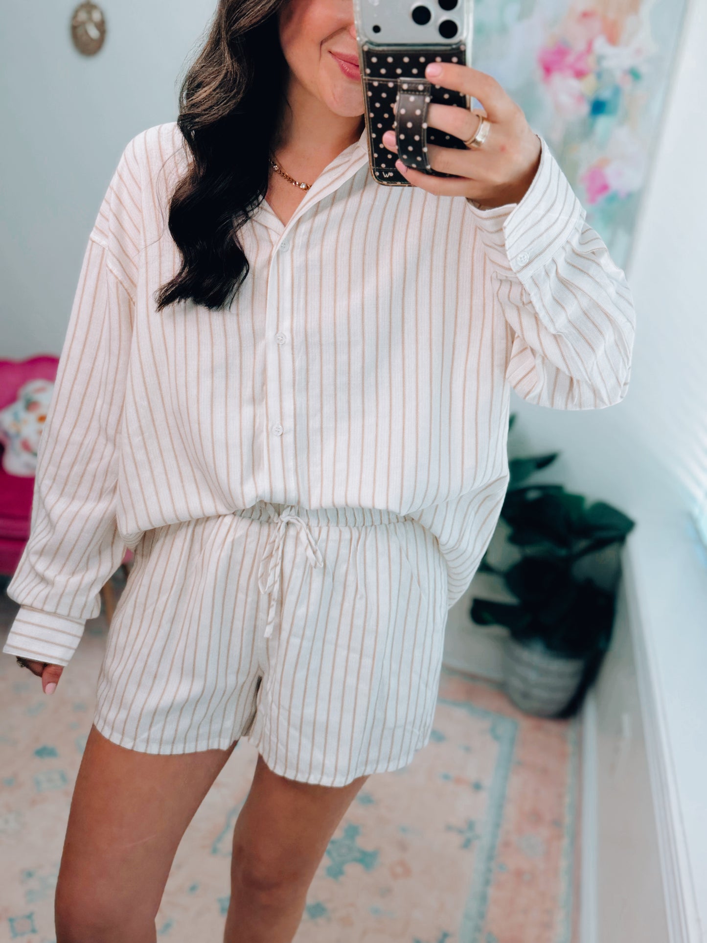 Henley Striped Button Up Shorts Set - Tan