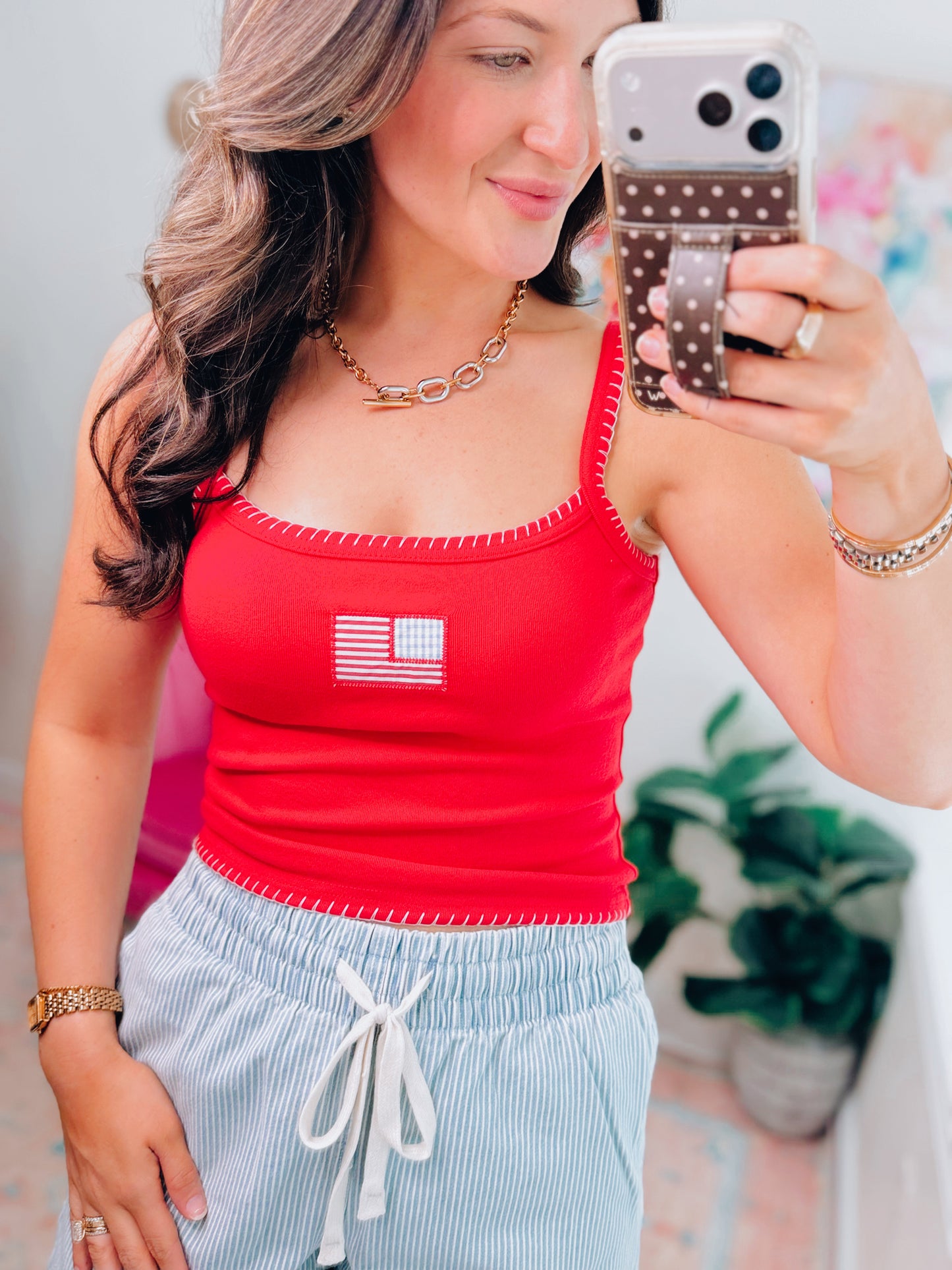 Embroidered American Flag Stitch Tank - Red