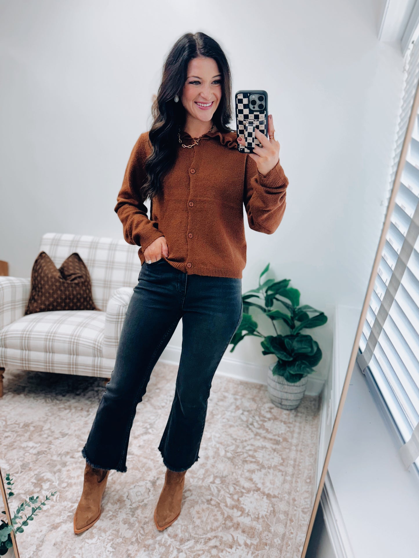 Ruffle Collar Cardigan Sweater - Chesnut