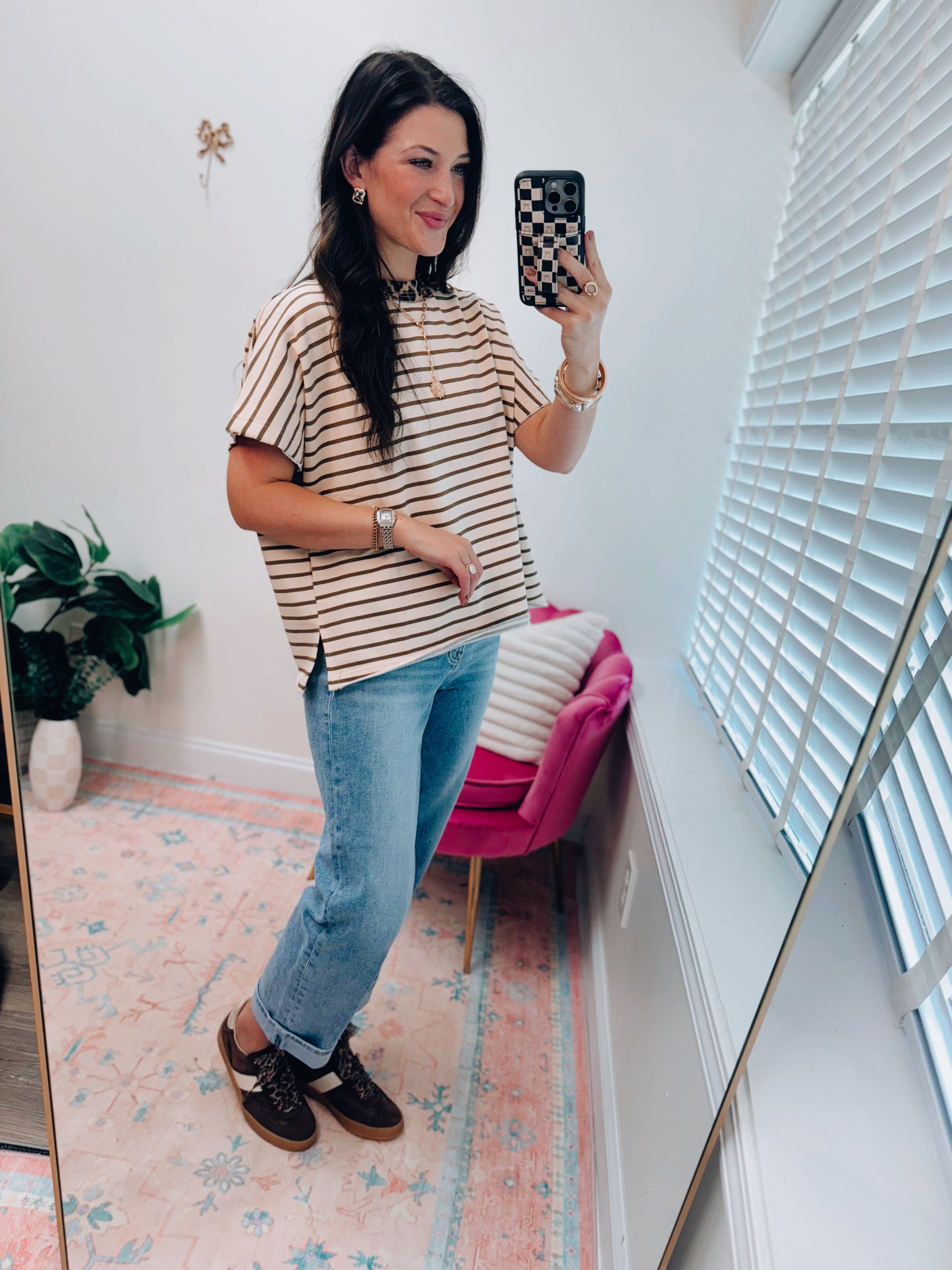 Leopard Trim Striped French Terry Top