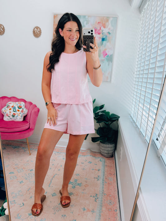 Pink Stitched Cotton Shorts Set