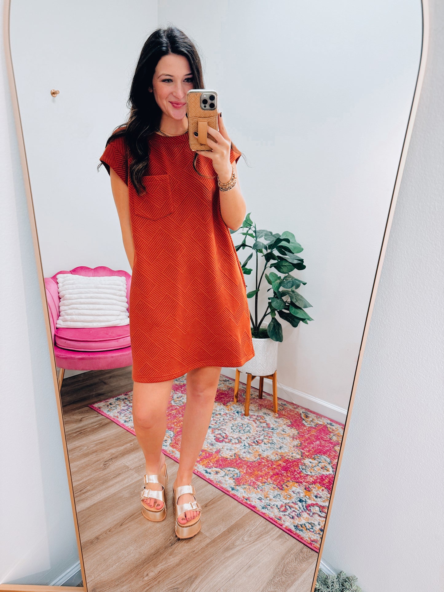 Sammi Textured Pocket Tee Dress - Rust