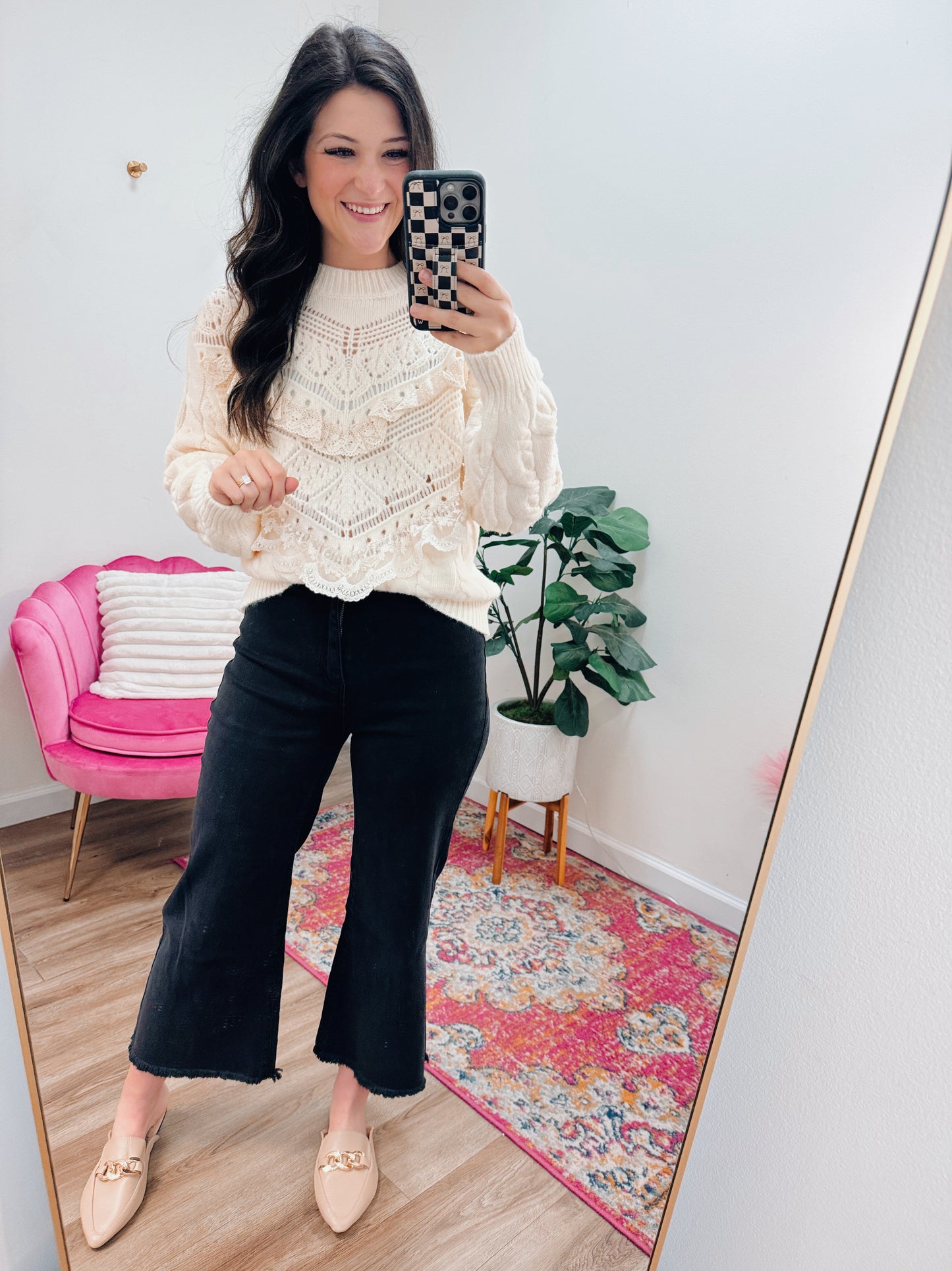 Lace Trim Pointelle Sweater