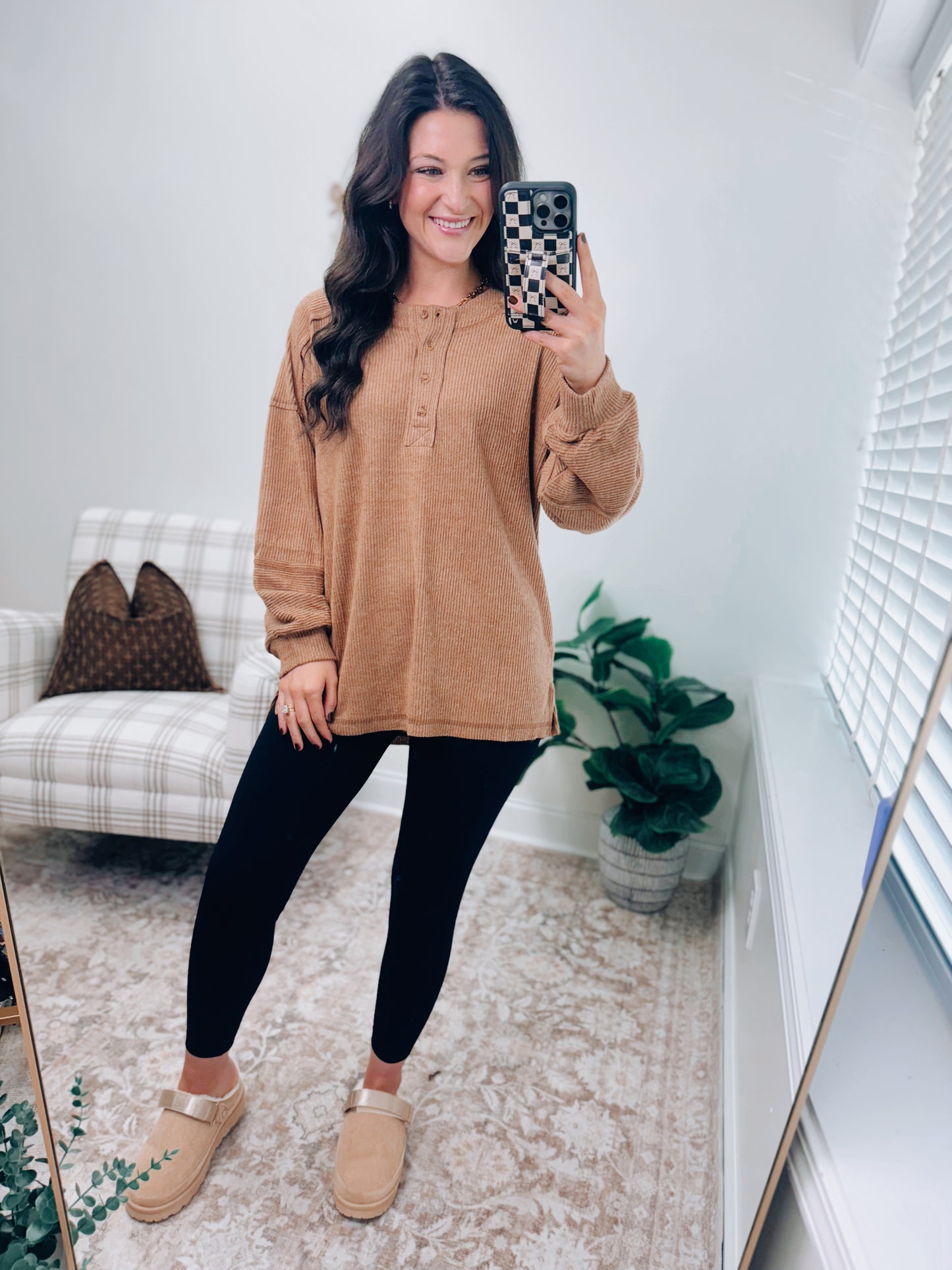 DOORBUSTER Button Brushed Ribbed Sweater - Camel