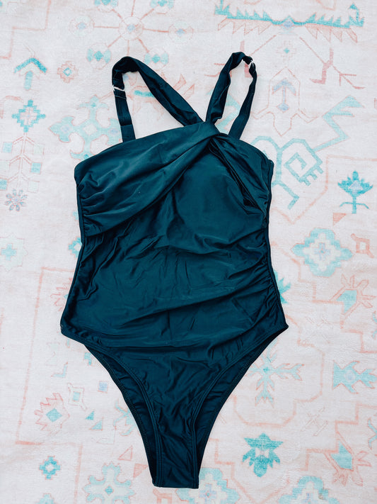 Black Twisted Shoulder One Piece Swimsuit