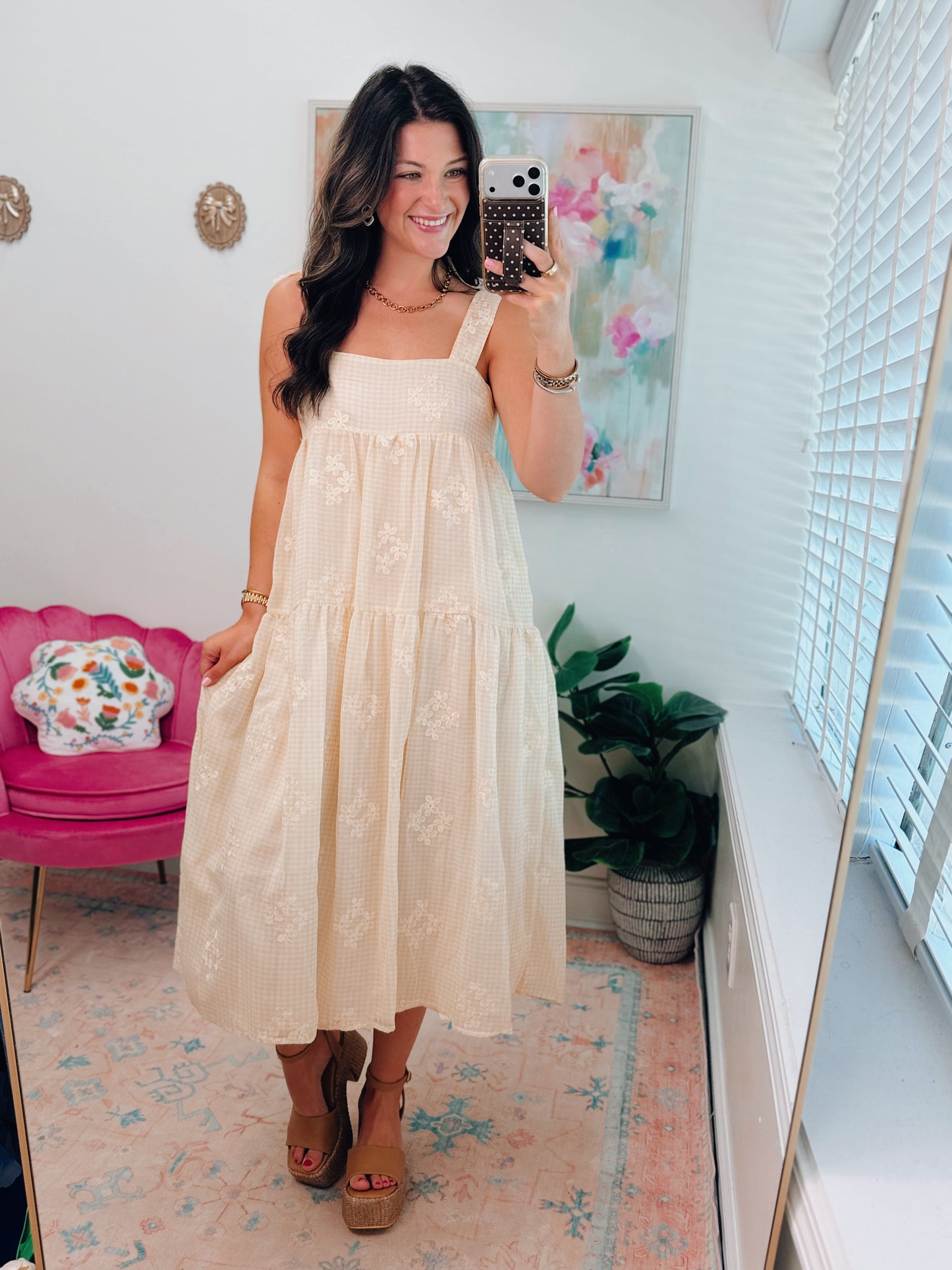 Tiered Embroidered Gingham Midi Dress