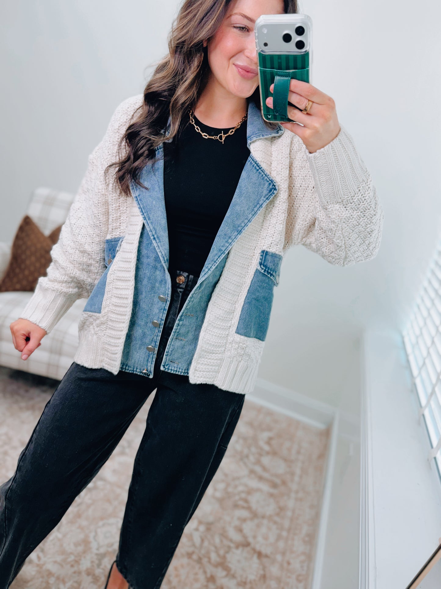 Mixed Media Cable Knit Denim Cardigan Top