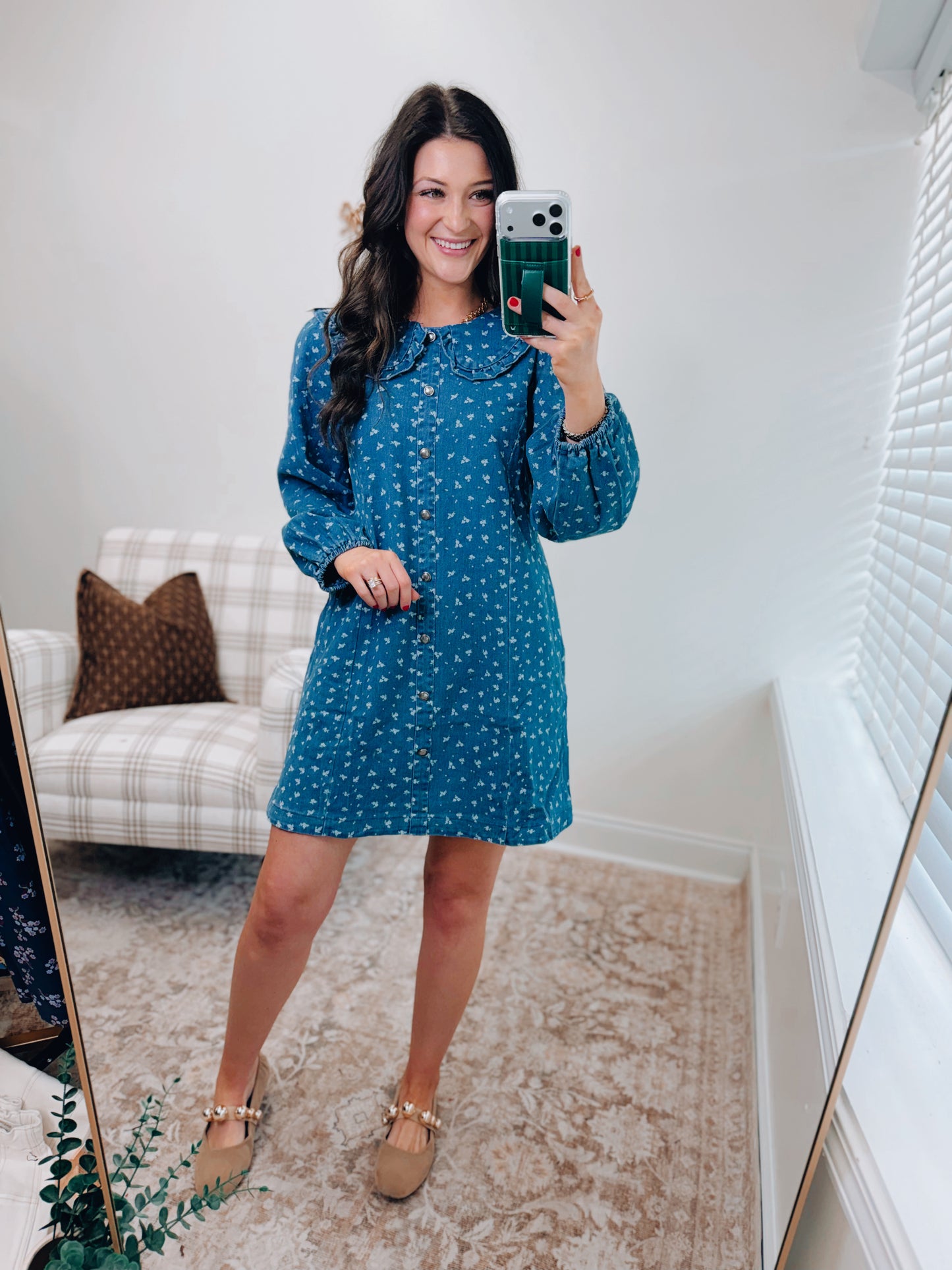 Ditsy Denim Scallop Mini Dress