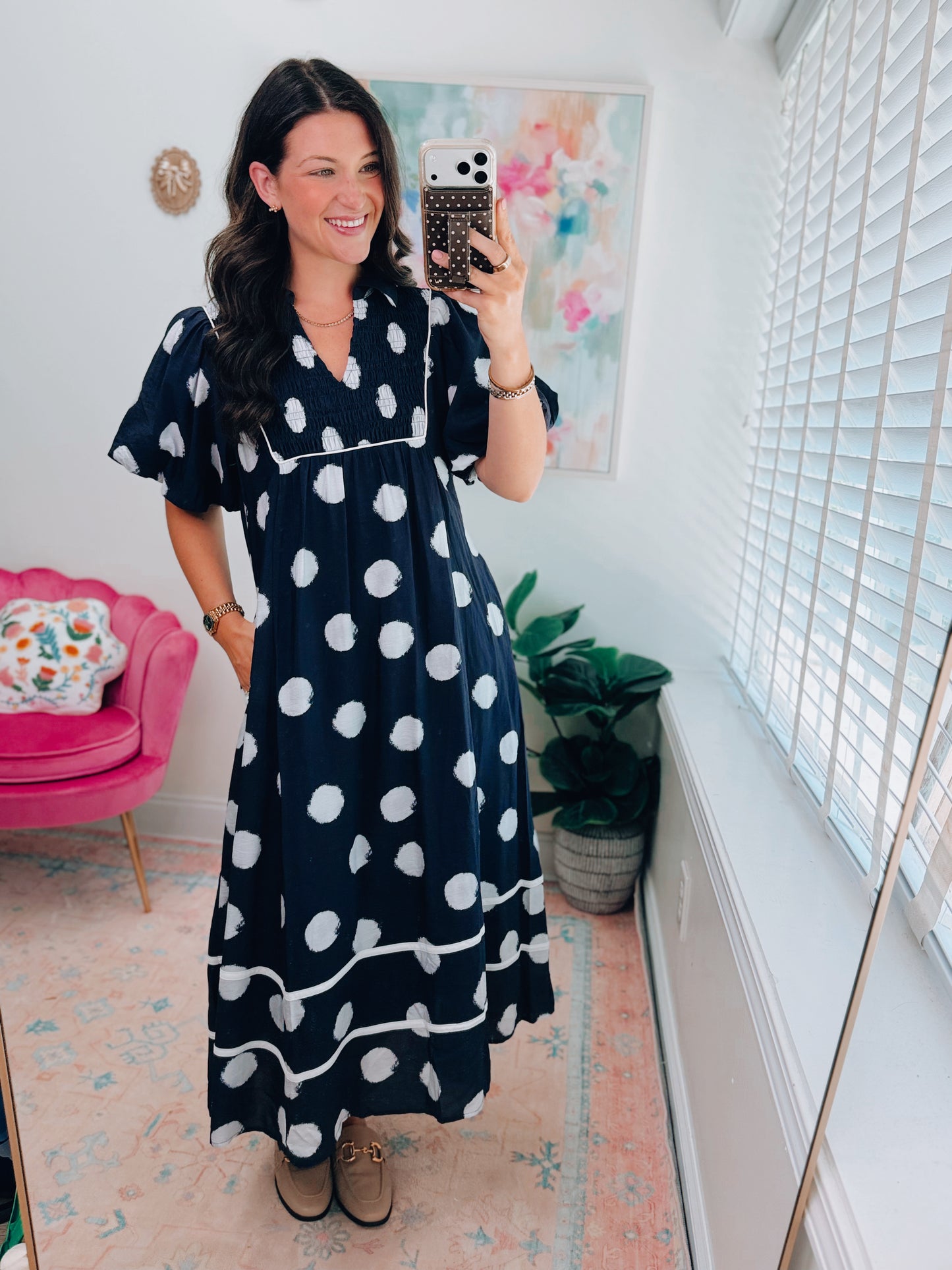 Navy Smocked Polka Dot Midi Dress
