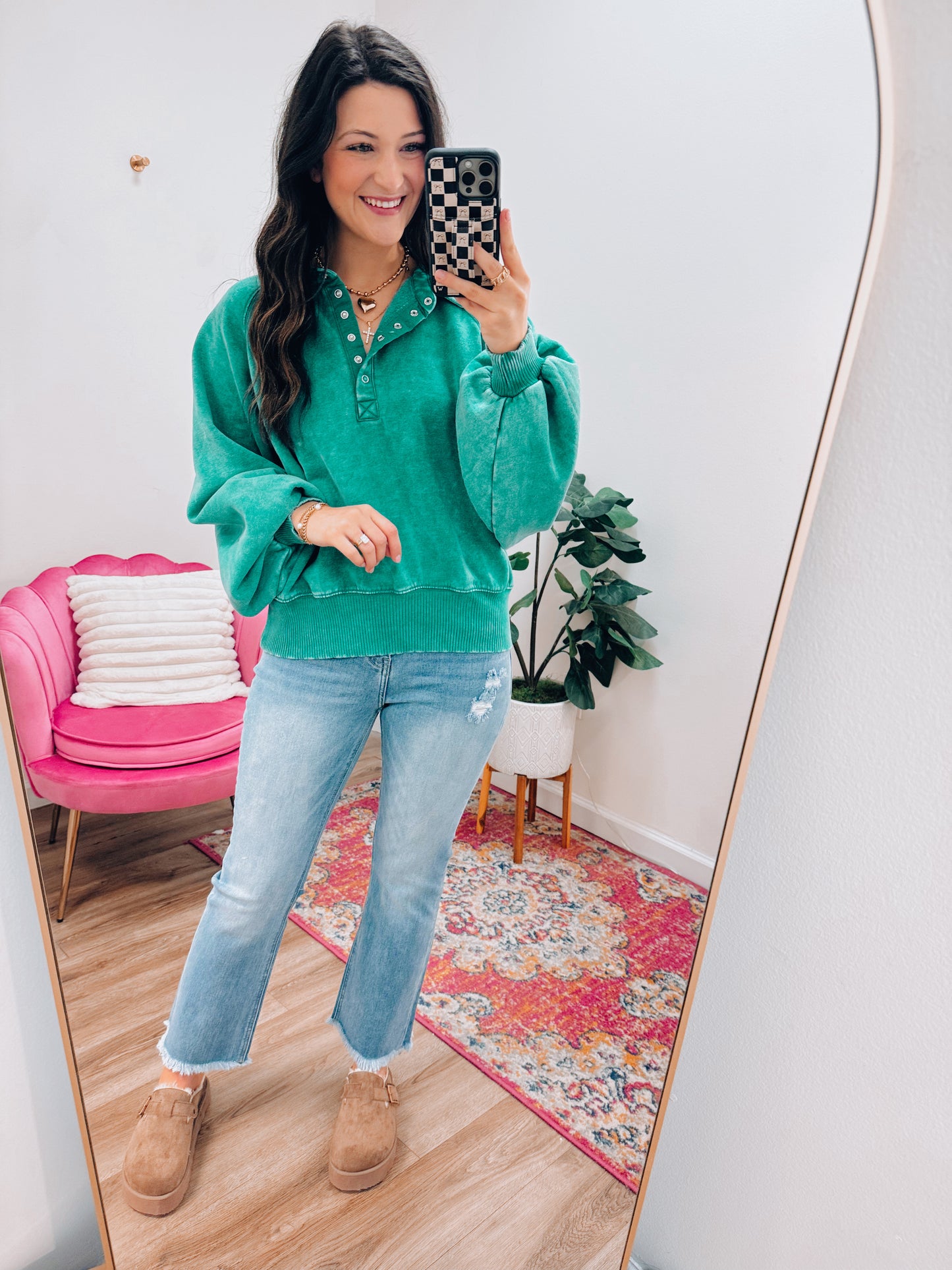 Mineral Wash Button Pullover - Kelly Green