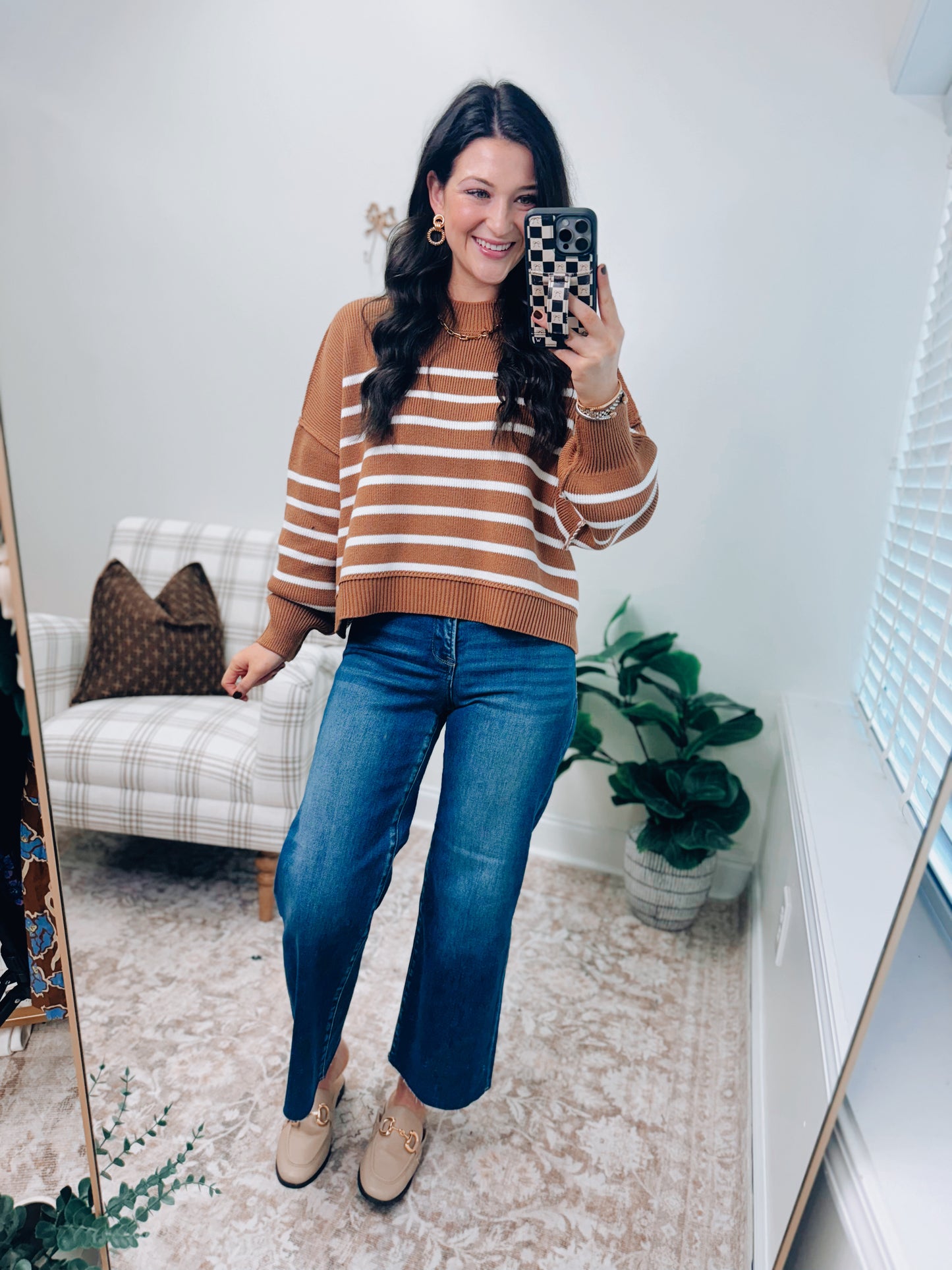 Mercer Striped Camel Mock Neck Ribbed Sweater