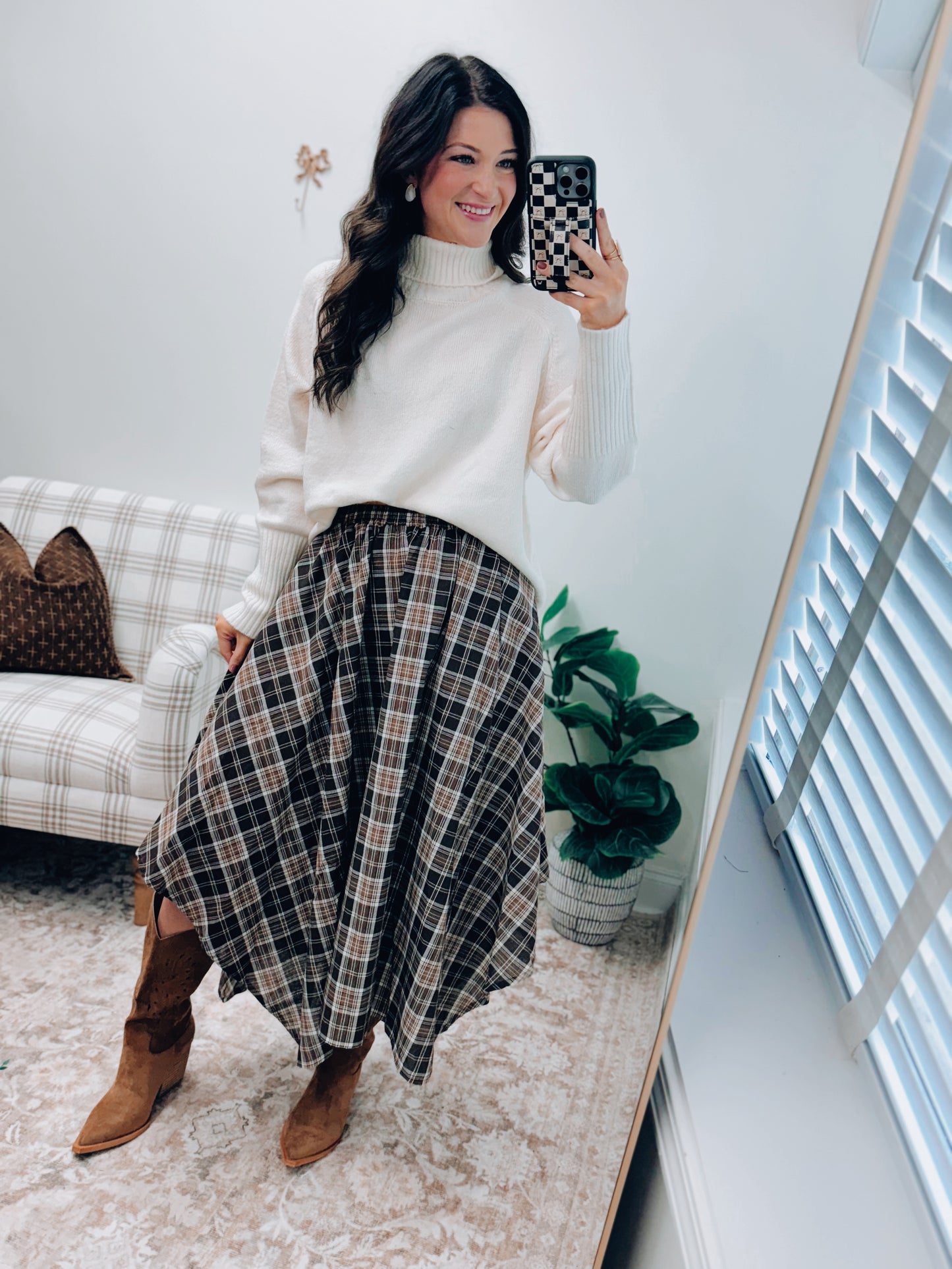 Plaid Unevenhem Midi Skirt