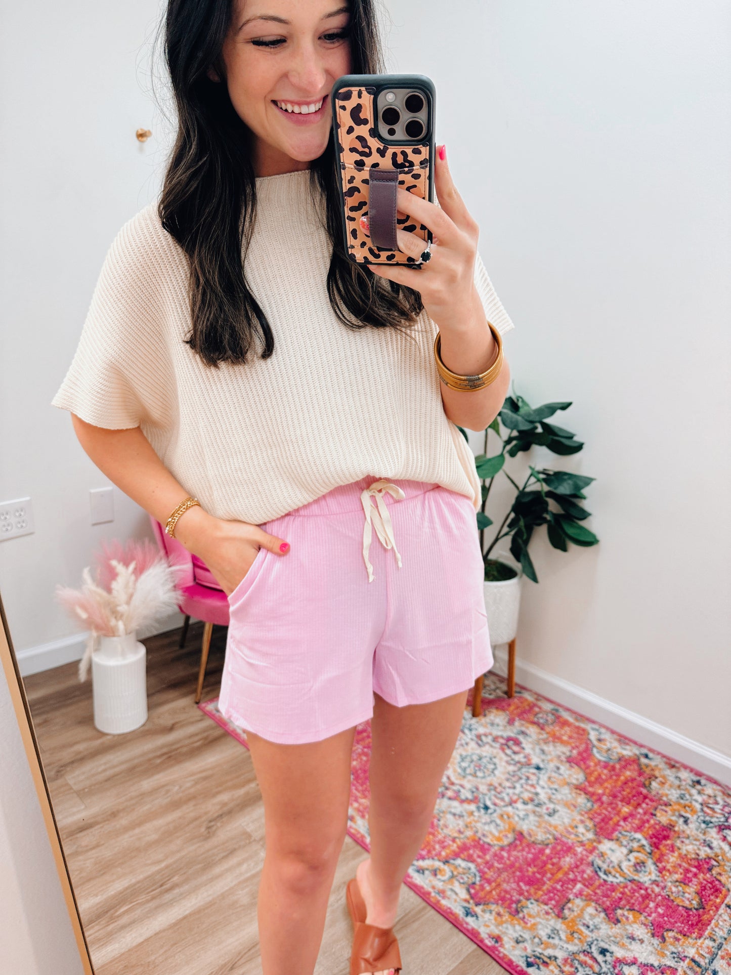 Ribbed Be Basic Tie Shorts - Pink