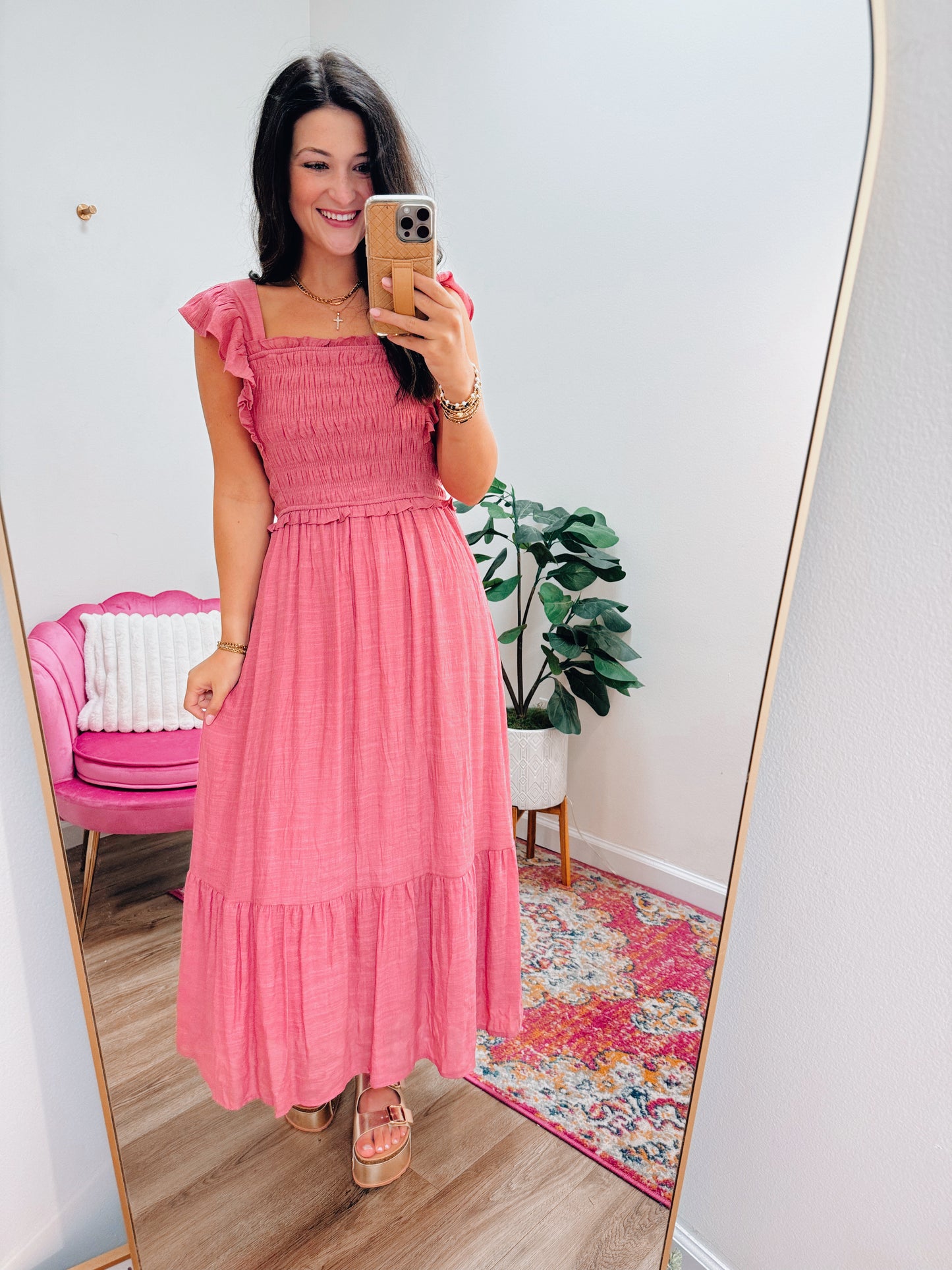 August Skies Smocked Midi Dress - Rose