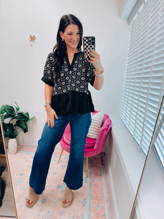 Darcy Floral Mix Media Top - Black