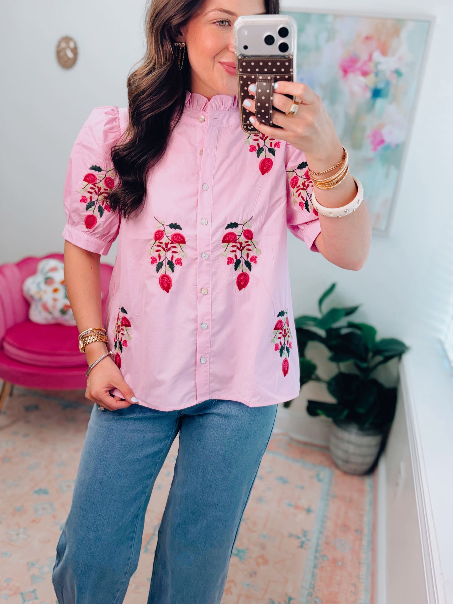 CURVY Palma Embroidered Button Top