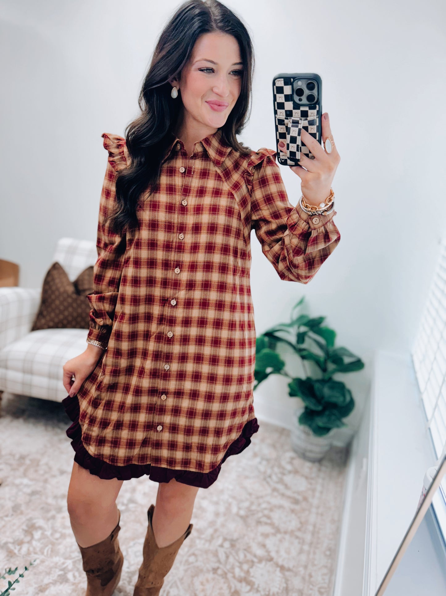 Cider Plaid Mini Ruffle Dress