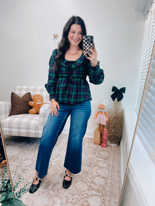 Plaid Velvet Trim Holiday Top