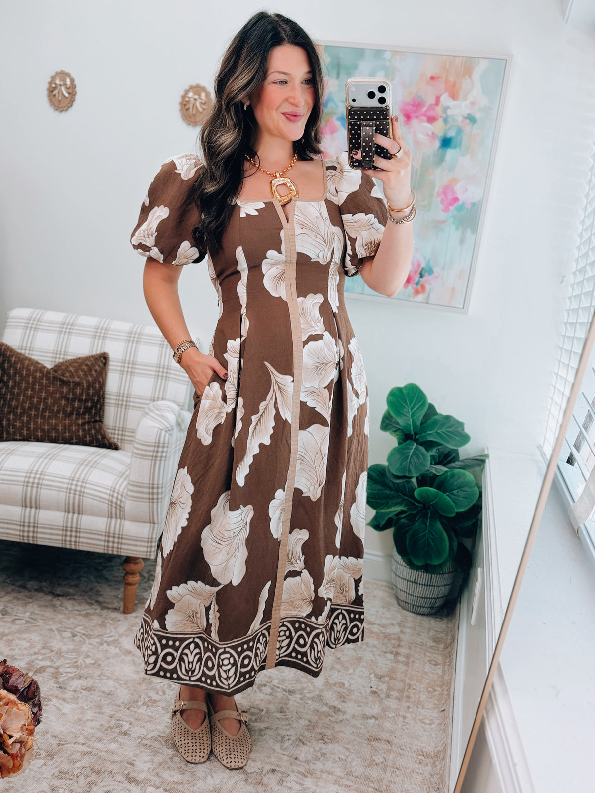 Marigold Brown Pleated Midi Dress