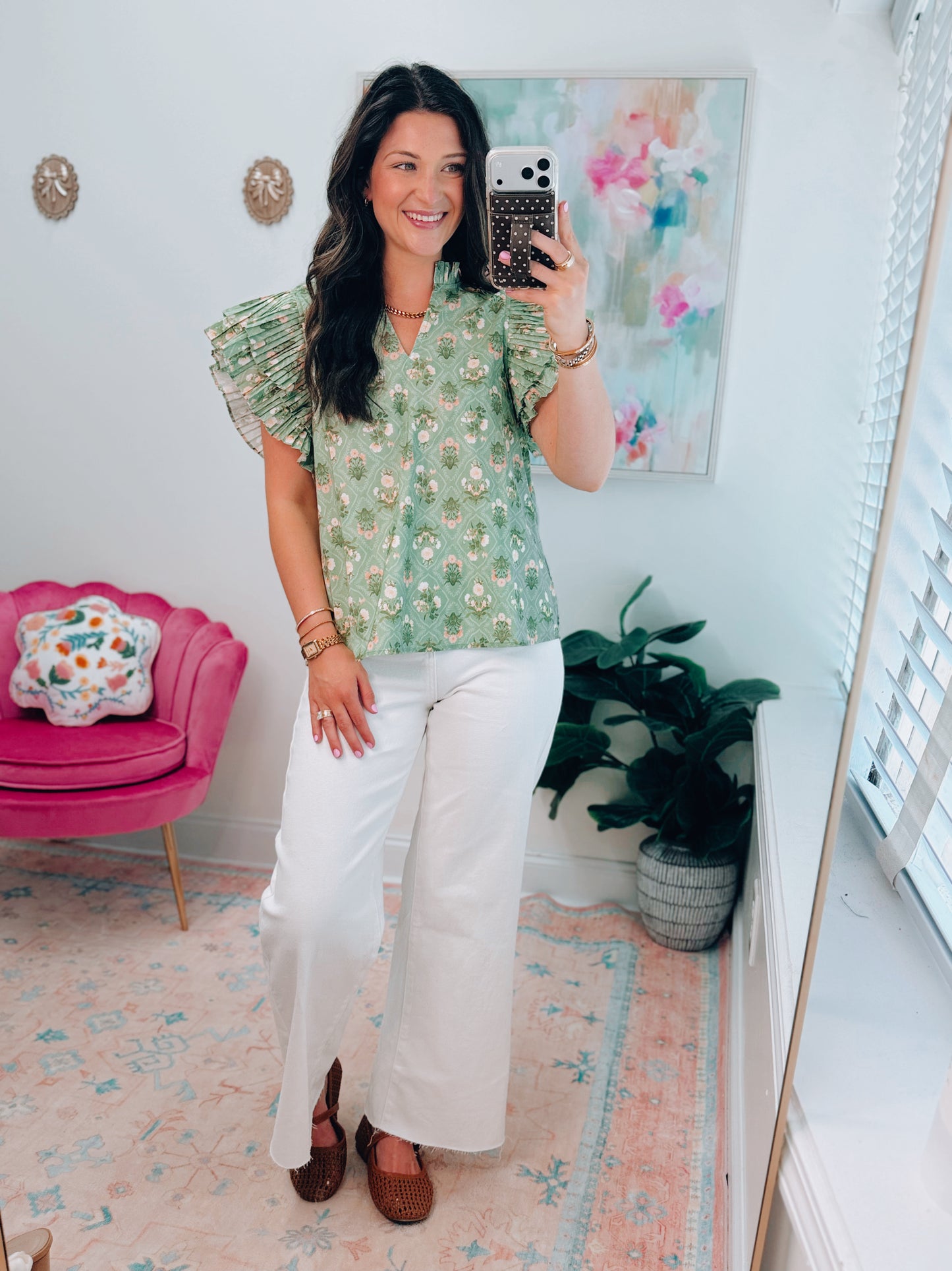 Pleated Matcha Floral Top