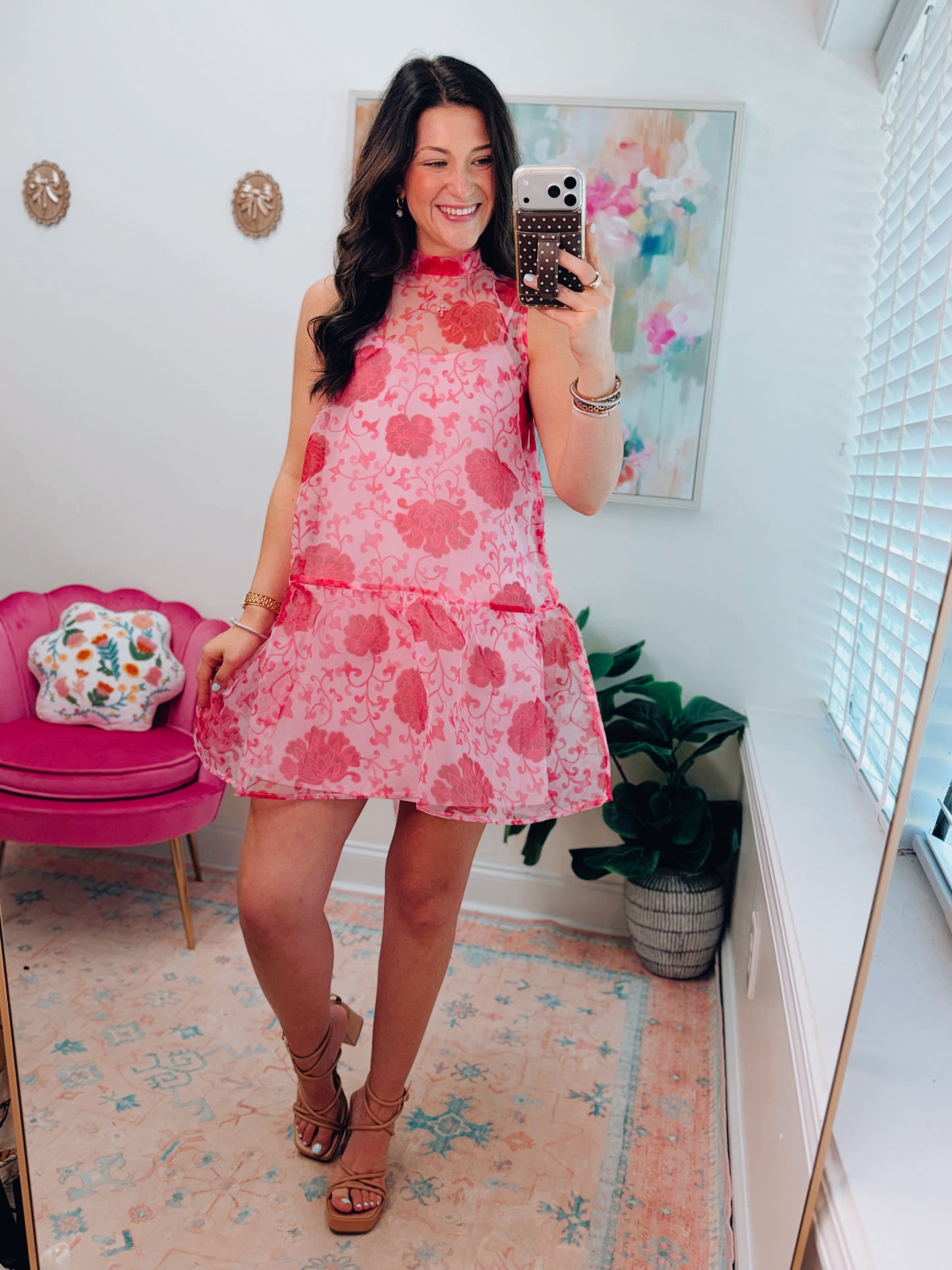 Pink Floral Sheer Mini Dress