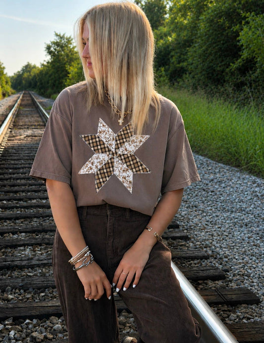 Brown Quilted Star Cottage Core Tee