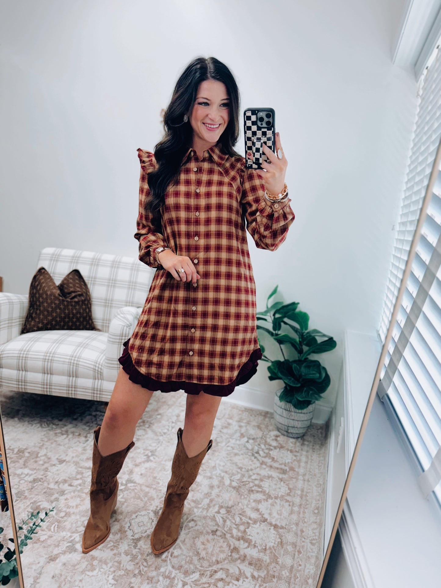 Cider Plaid Mini Ruffle Dress