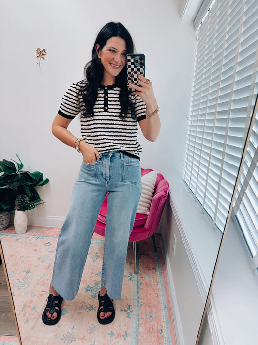 Chloe Striped Knit Gold Button Top