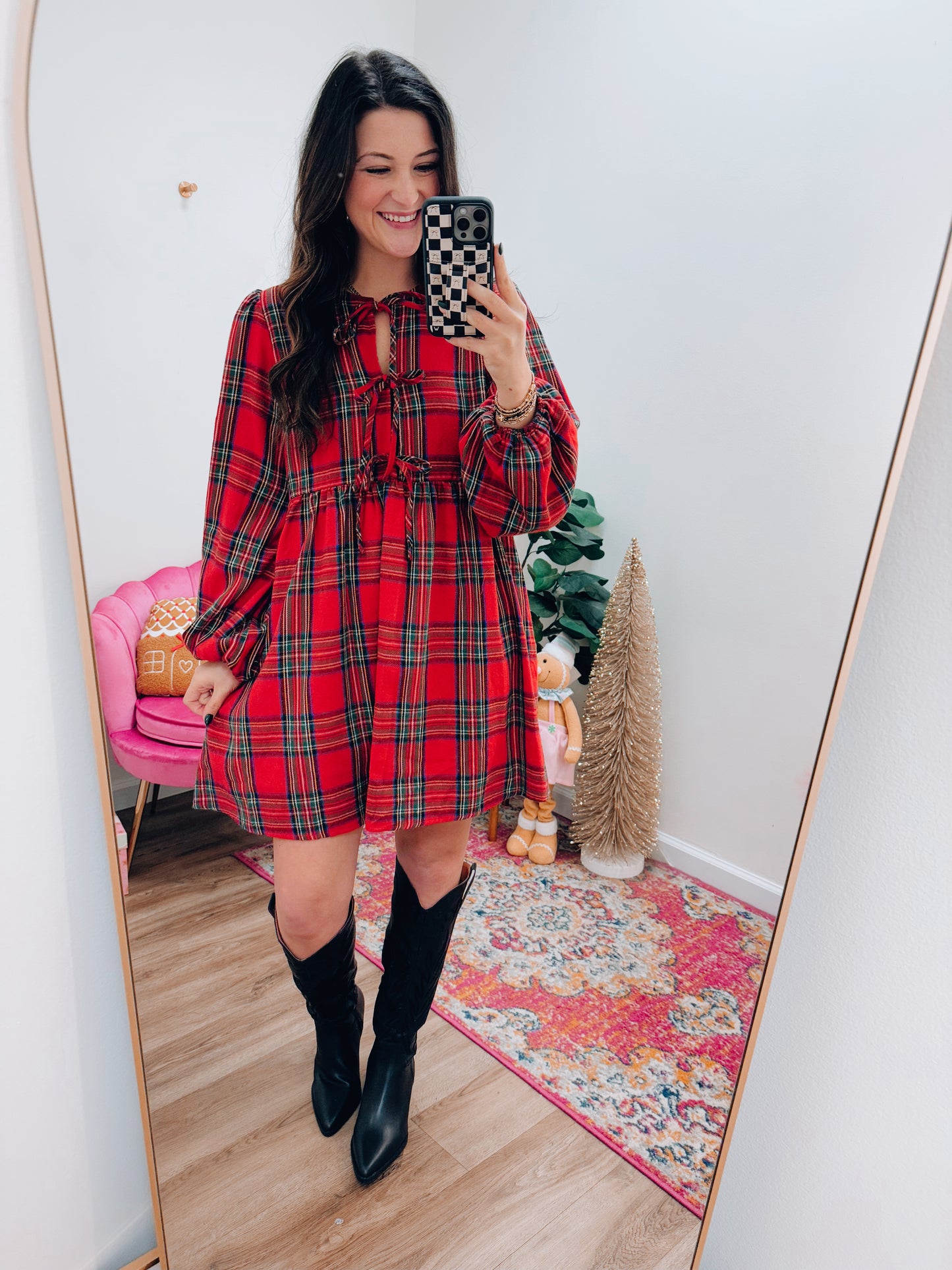 Christmas Plaid Bow Tie Mini Dress