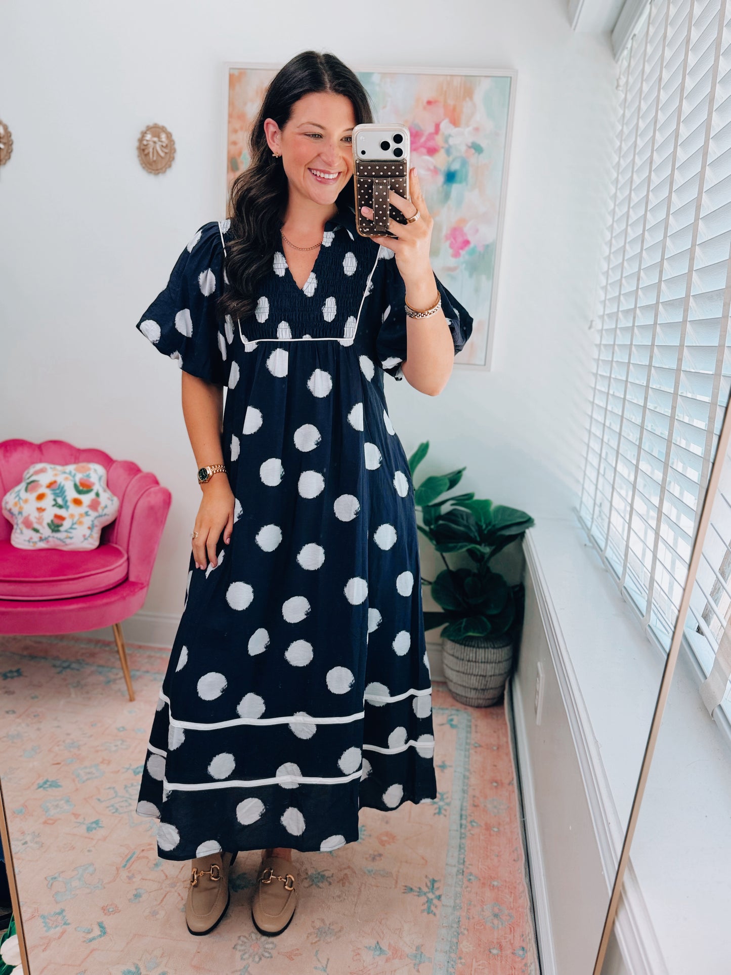 Navy Smocked Polka Dot Midi Dress