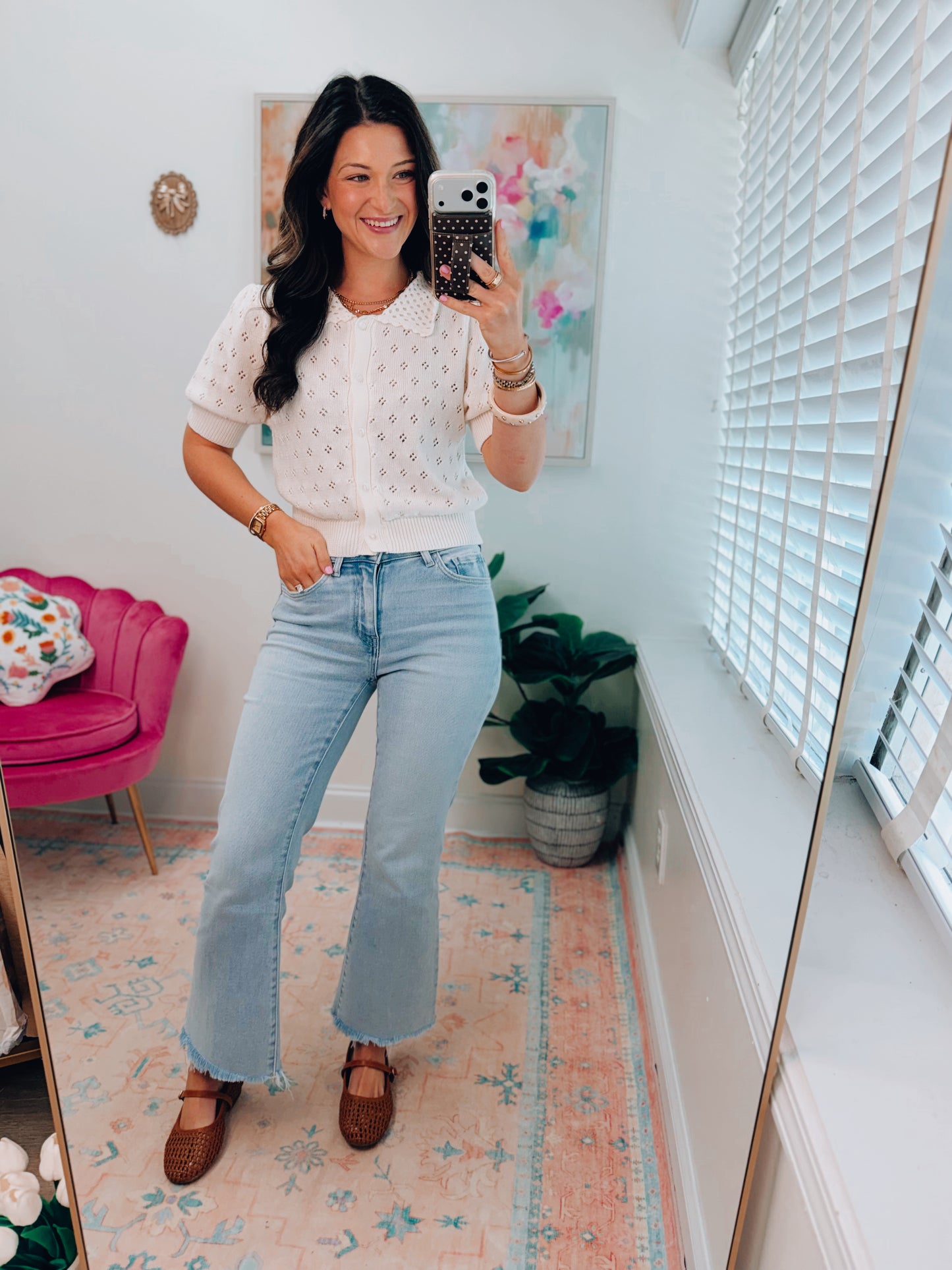 Pointelle Collar Button-Up Puff Sleeve Knit Top