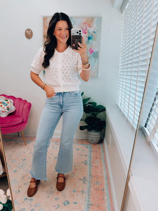 Pointelle Collar Button-Up Puff Sleeve Knit Top